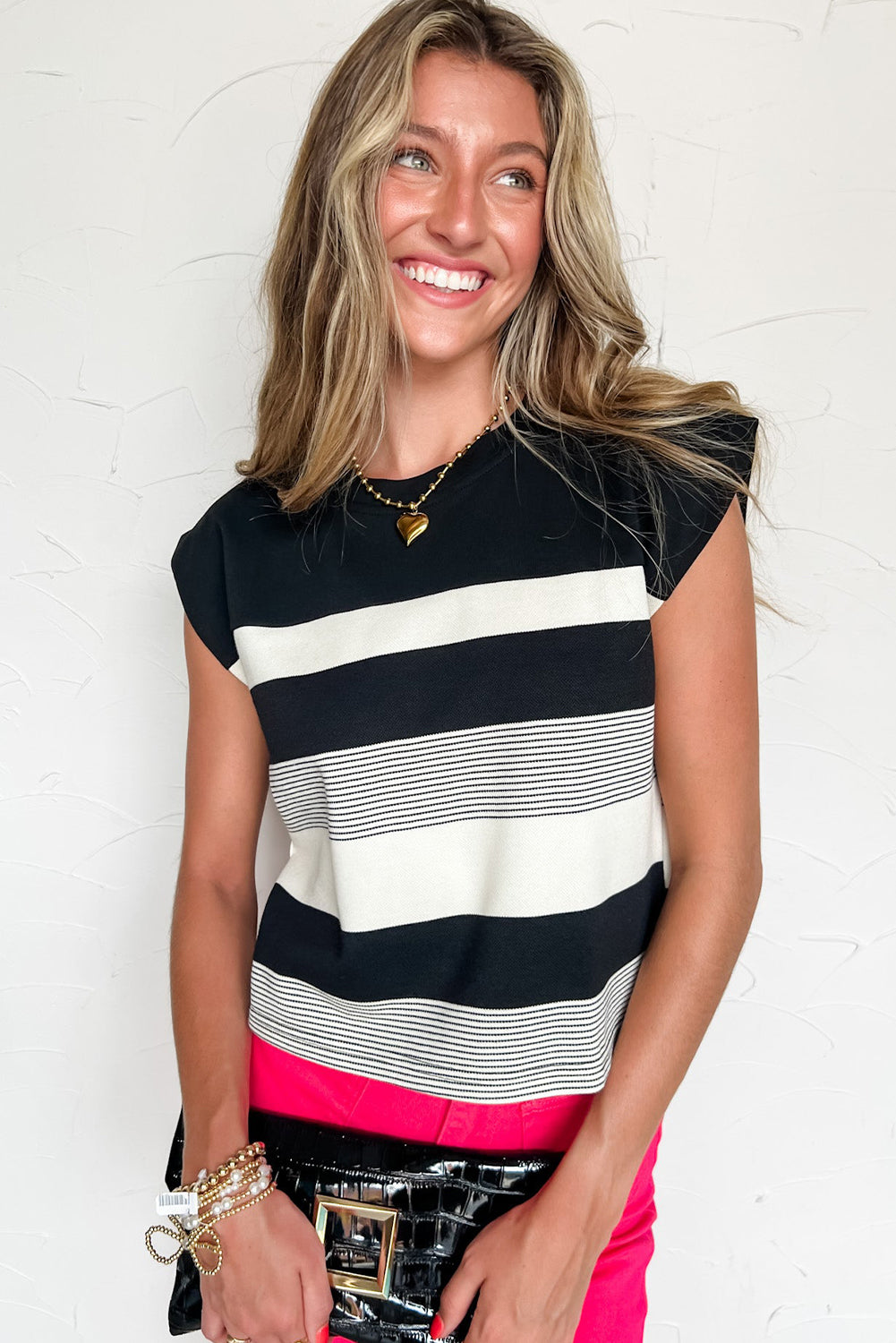 Black Stripe Mixed Print Crew Neck Cap Sleeve T Shirt