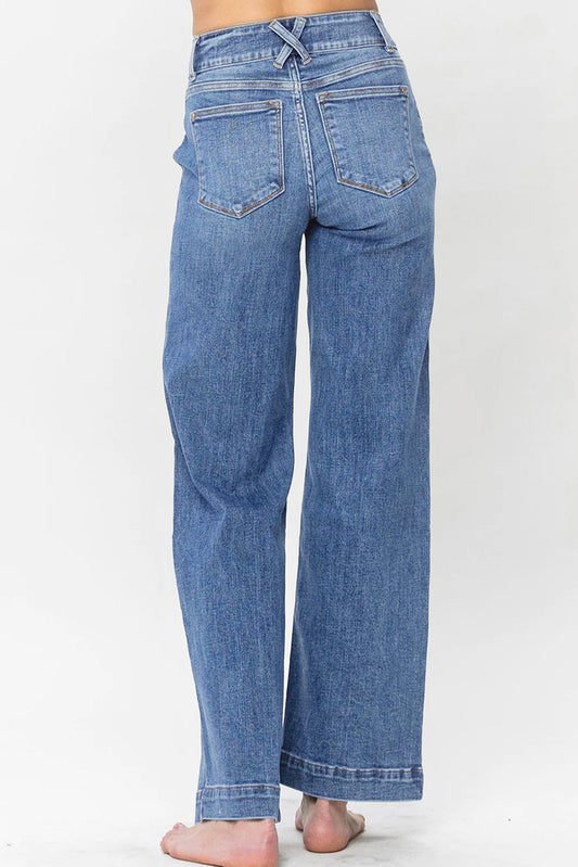 Sky Blue Double Button Zip Fly Straight Leg Jeans