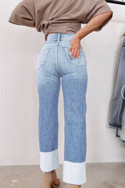 Sky Blue High Waist Distressed Straight Leg Jeans