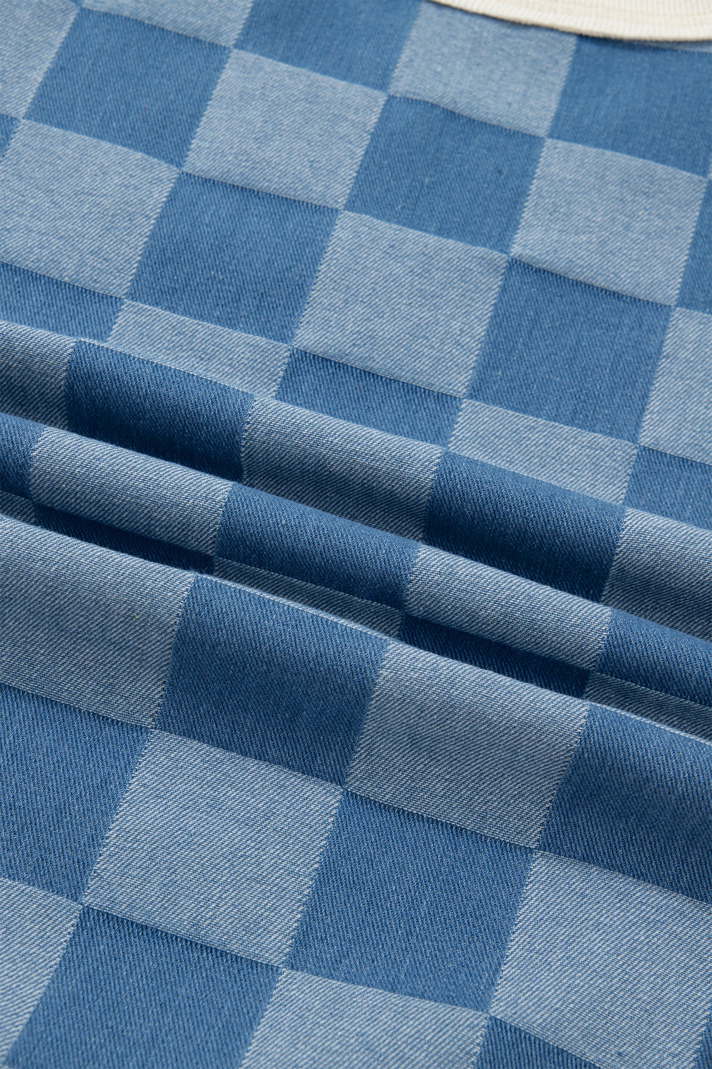 Dusk Blue Checkered Denim Patchwork Short Sleeve Loose Top