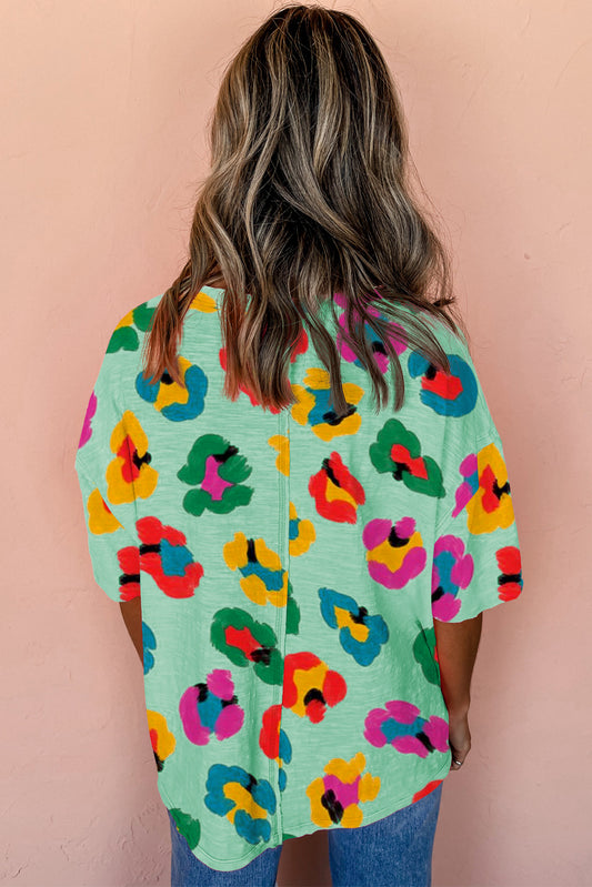 Green Leopard Drop Shoulder Oversize Tee