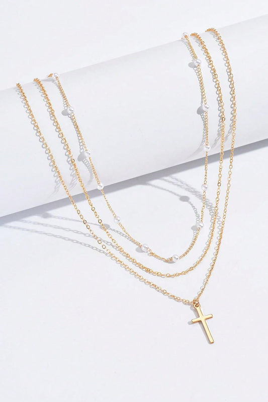 Gold Plated Cross Pendant Pearl Decor Triple Layer Chain Necklace