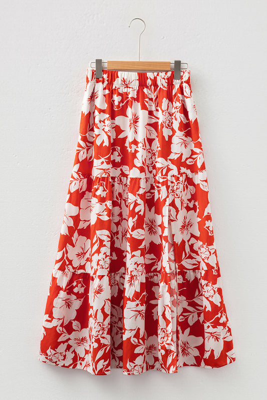 Red High Split Floral Western Cowgirl Maxi Skirt