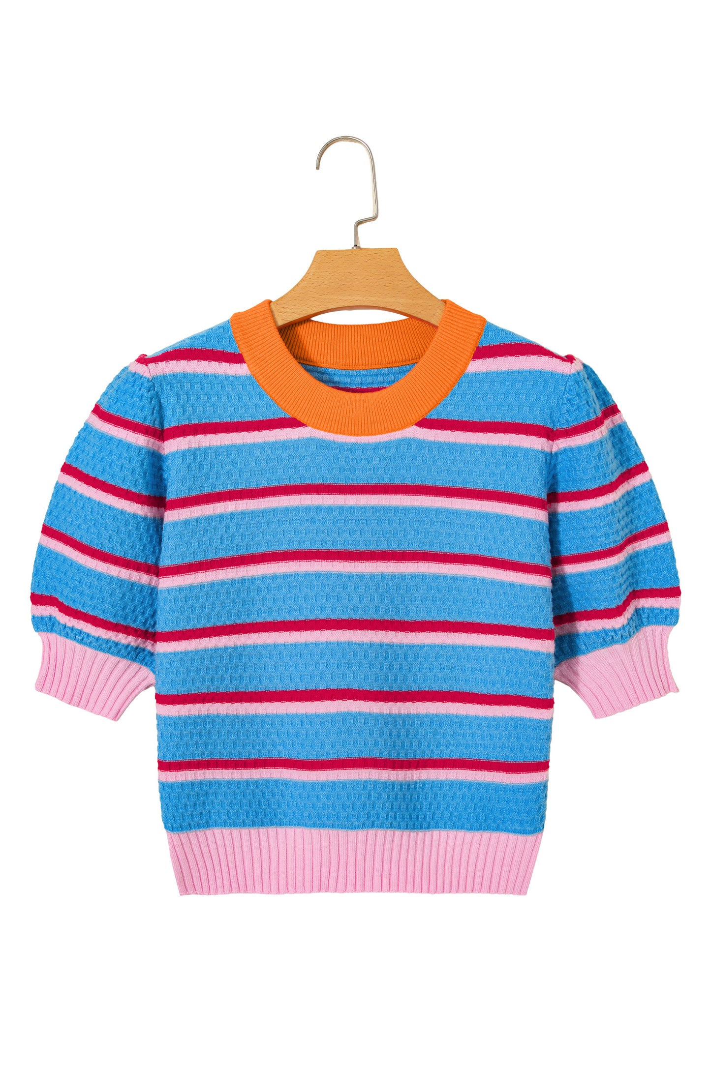 Green Stripe Colorblock Trim Half Sleeve Sweater Top