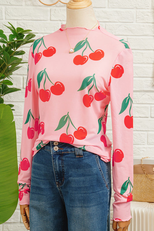 Pink Cherry Print Lettuce Trim Long Sleeve Mesh Top