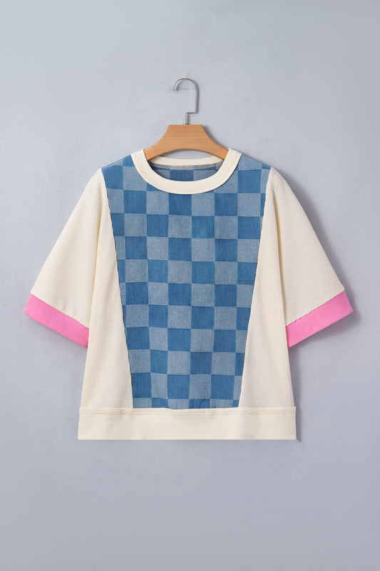 Dusk Blue Checkered Denim Patchwork Short Sleeve Loose Top