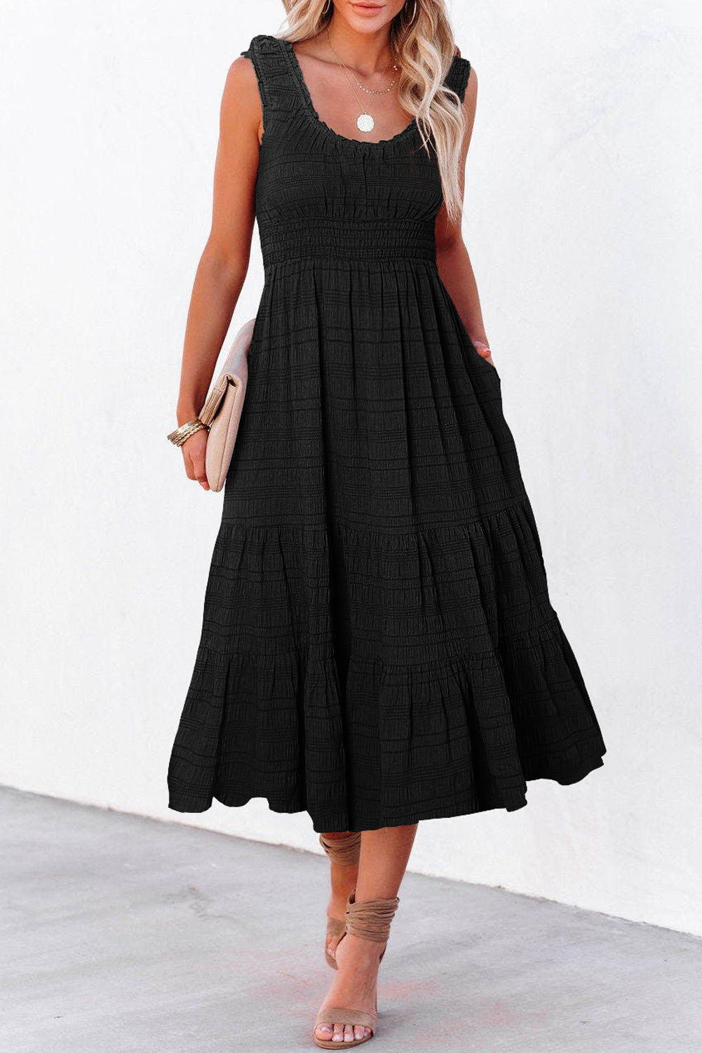 Pink Shirred Pleated Square Neck Sleeveless Midi Dress
