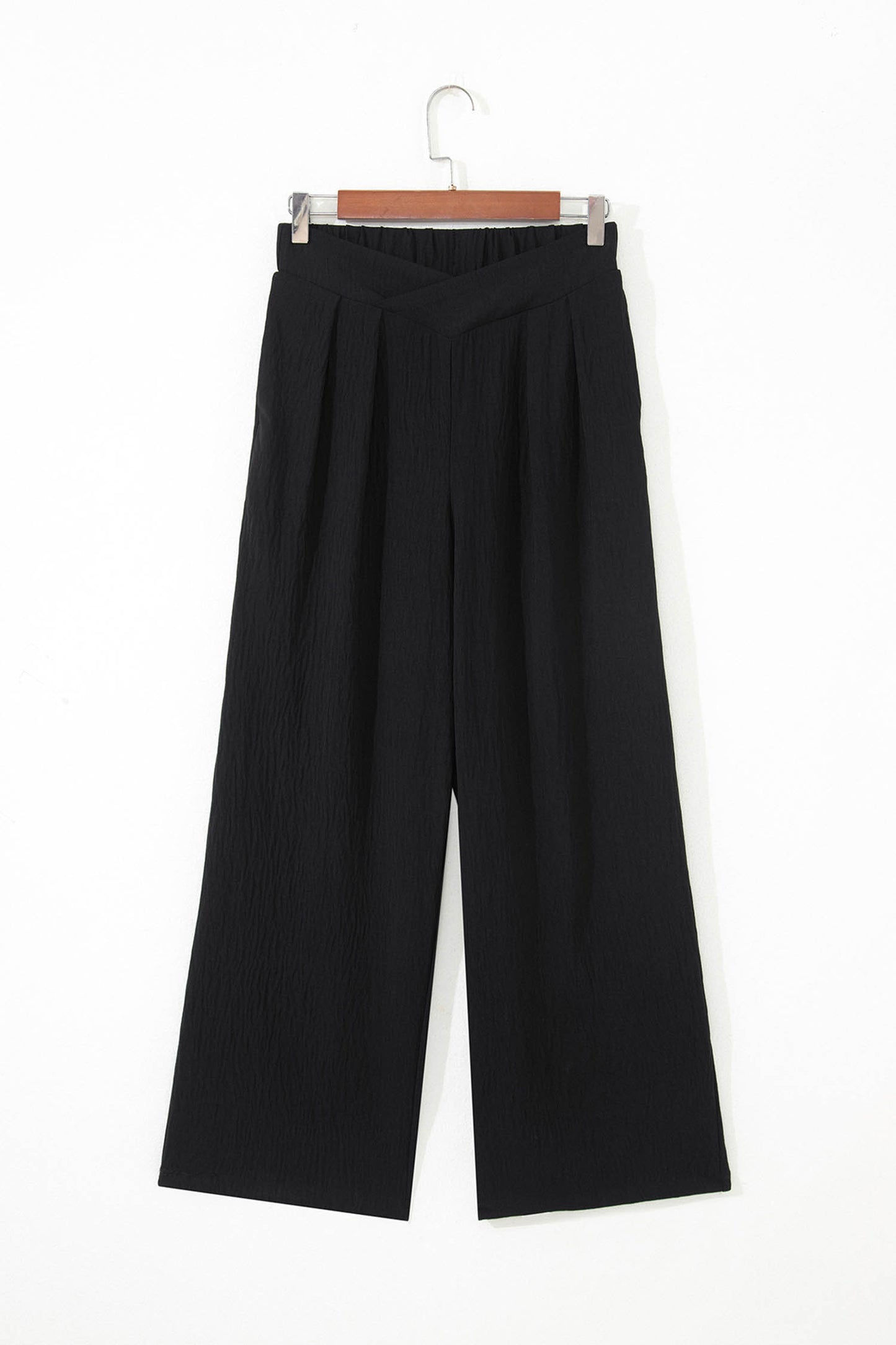 Evergreen Solid Color Textured Crossed Waist Loose Pants