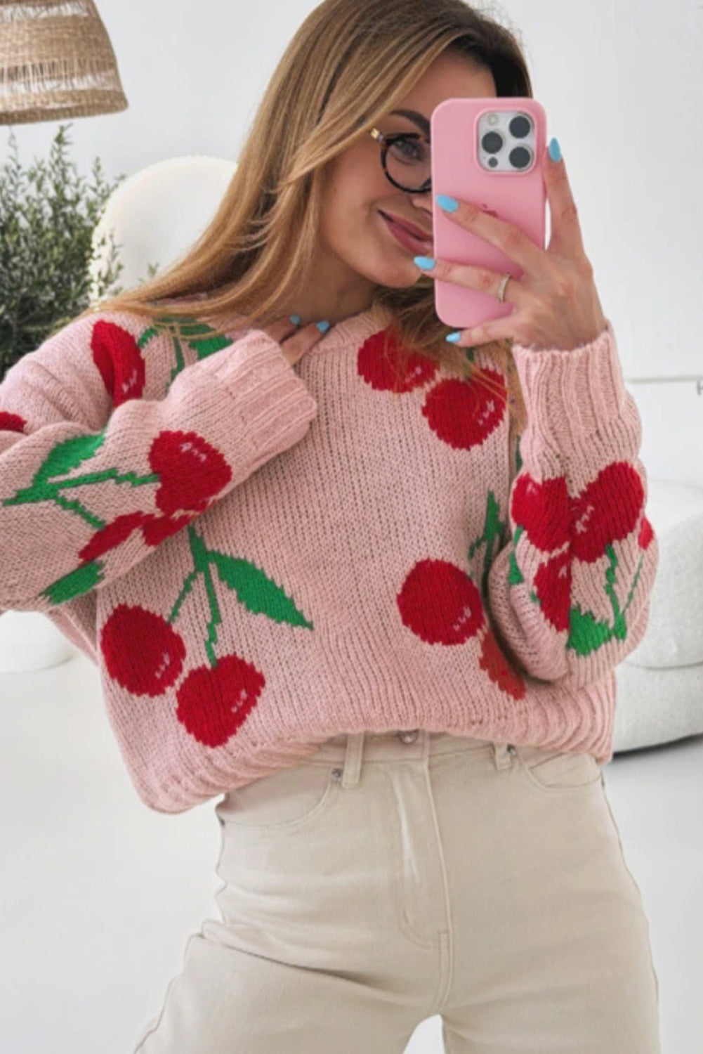 Pink Dainty Cherry Print Loose Cropped Sweater