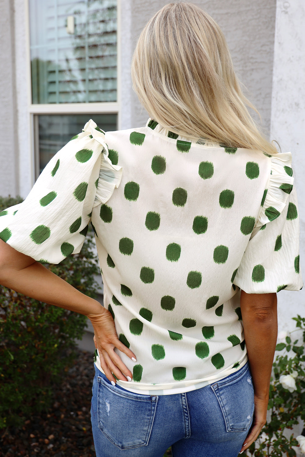 Rose Polka Dot Print Shirred Yoke Notched Neck Balloon Sleeve Blouse