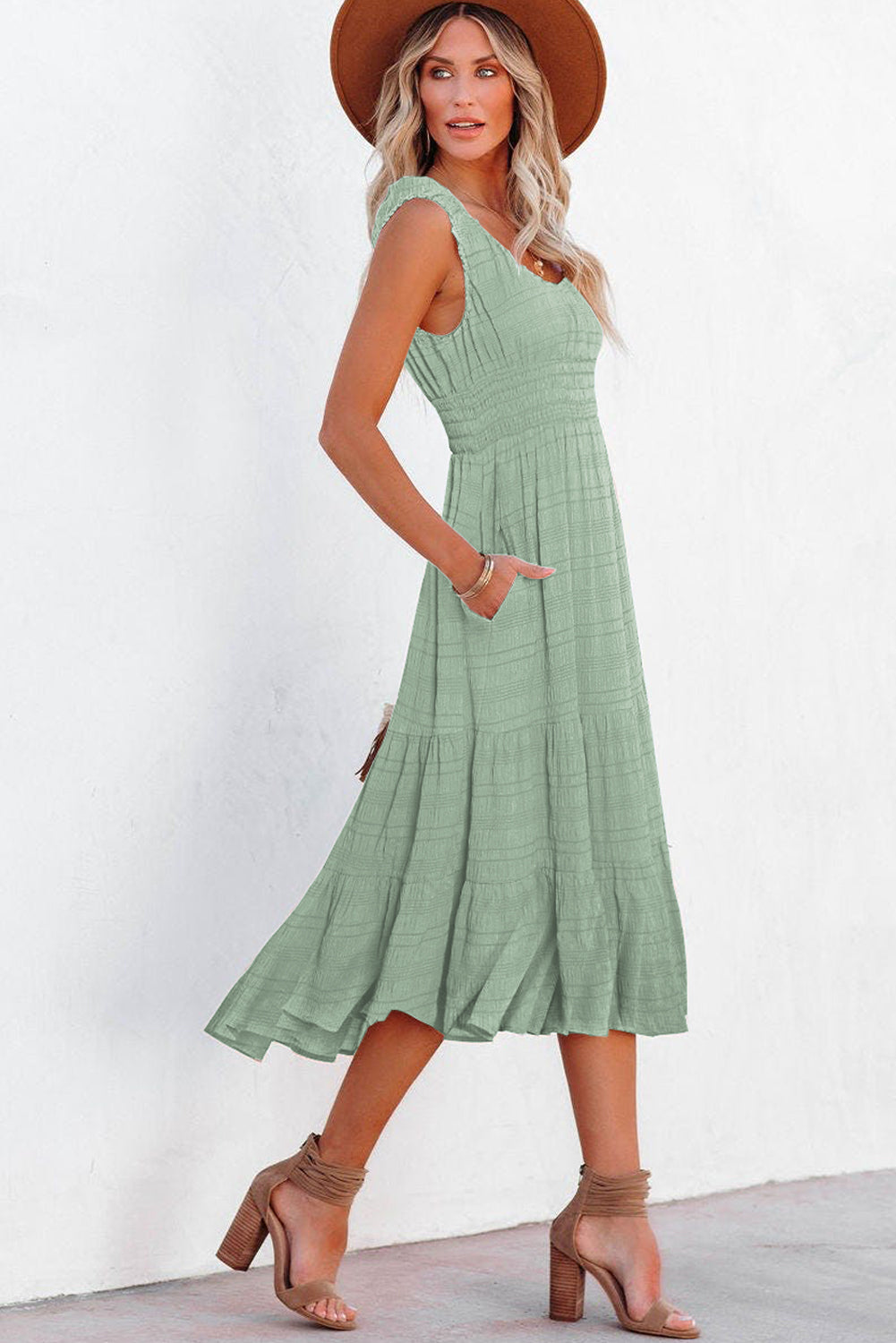 Pink Shirred Pleated Square Neck Sleeveless Midi Dress