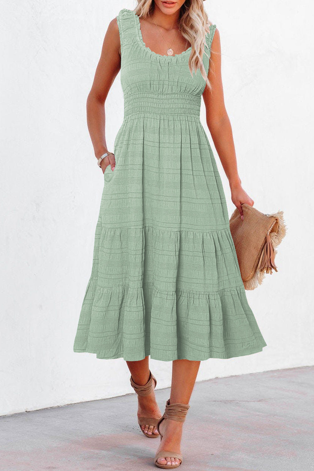 Pink Shirred Pleated Square Neck Sleeveless Midi Dress