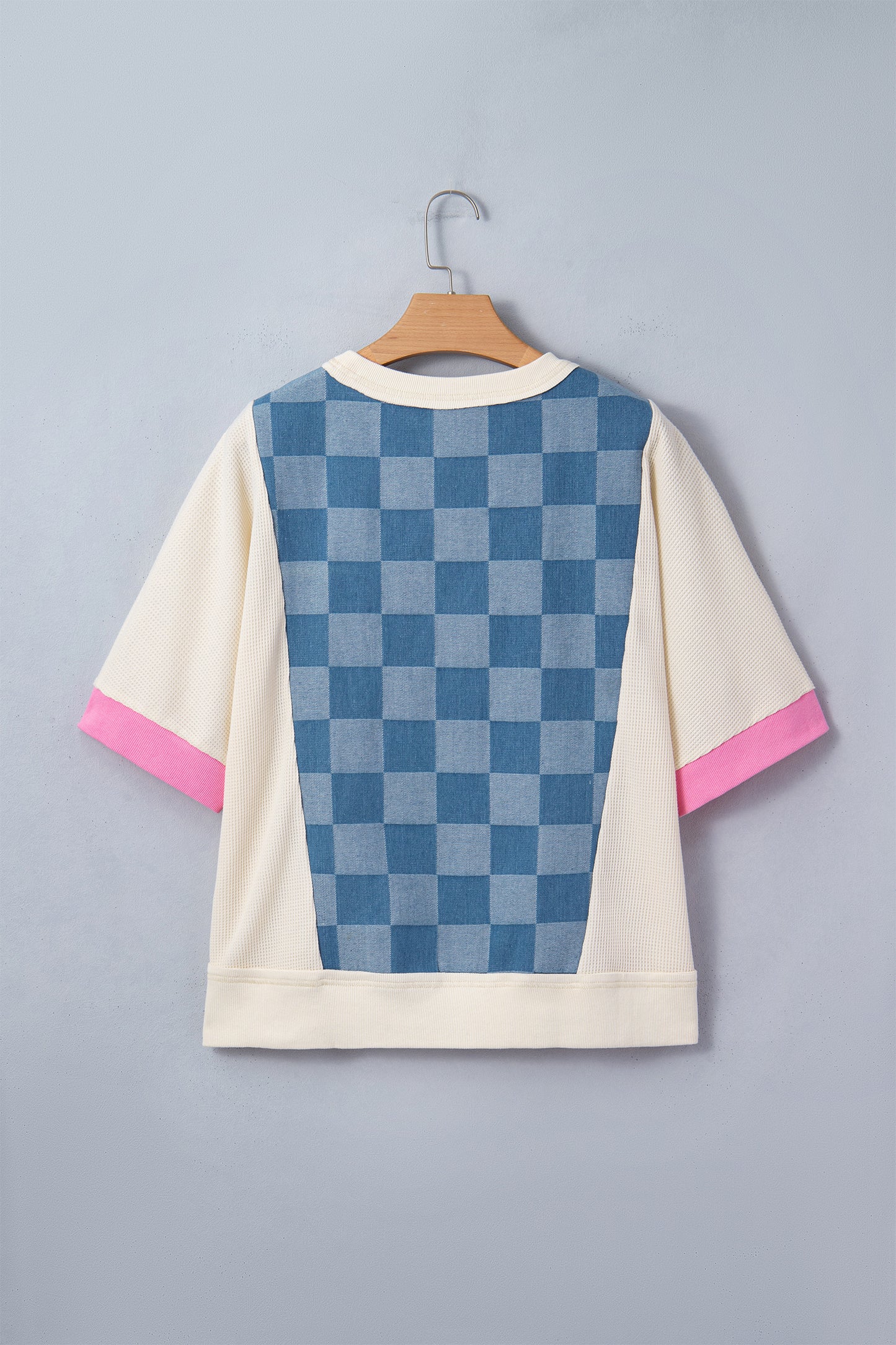 Dusk Blue Checkered Denim Patchwork Short Sleeve Loose Top