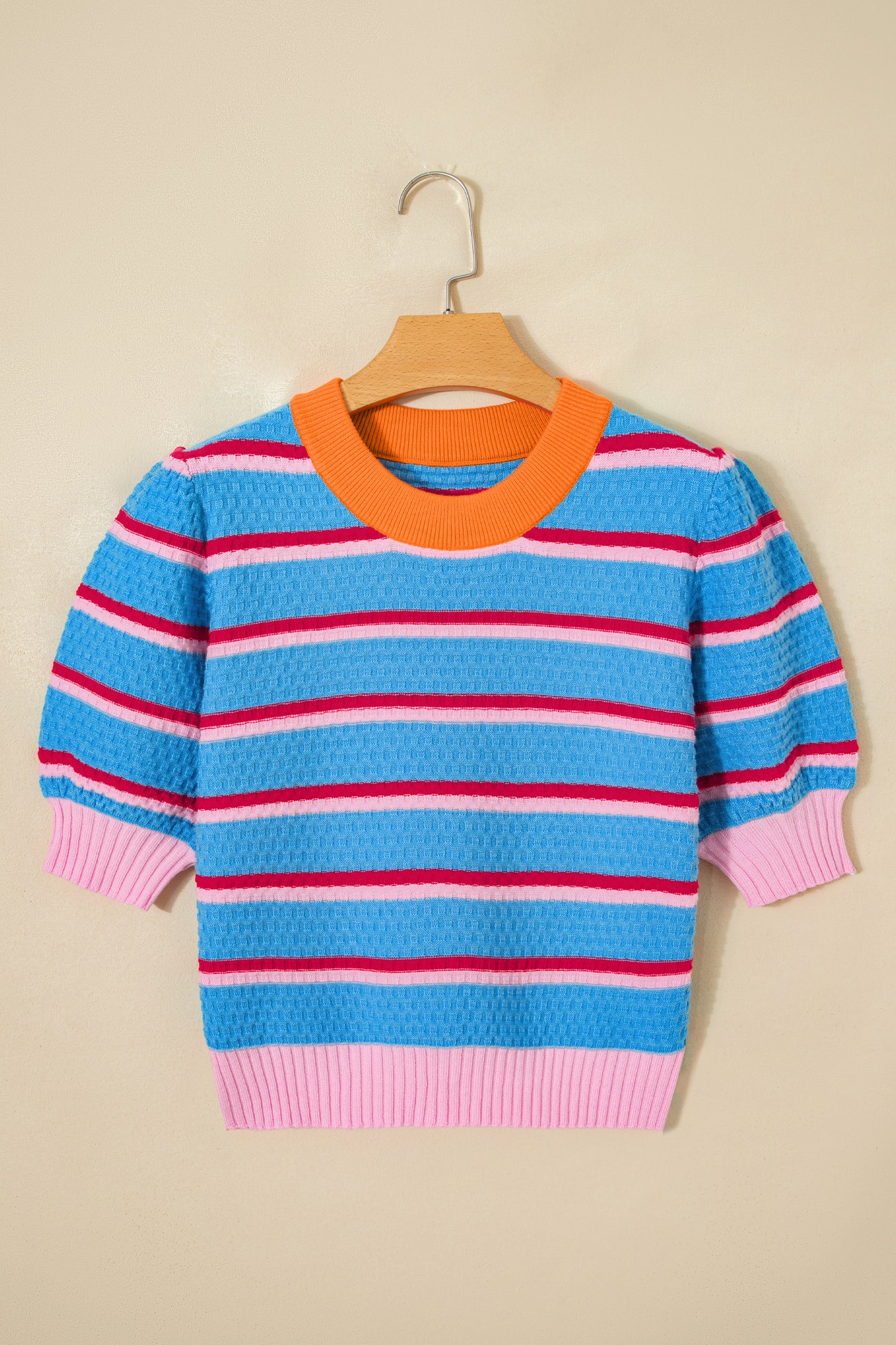 Green Stripe Colorblock Trim Half Sleeve Sweater Top