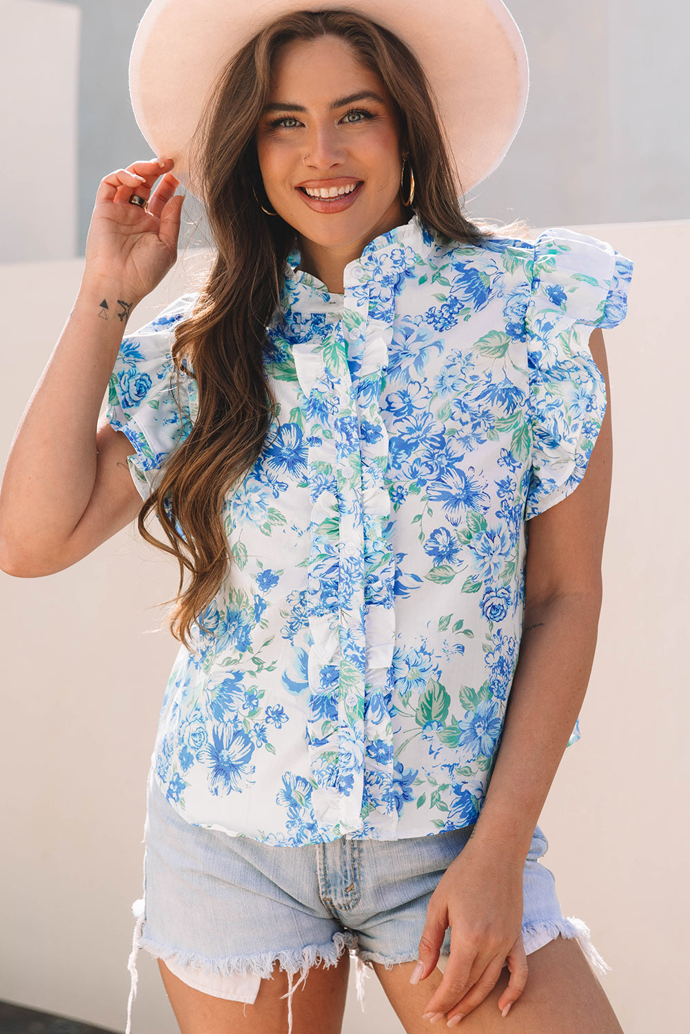 Purple Floral Print Ruffle Sleeve Frilly Button Up Shirt