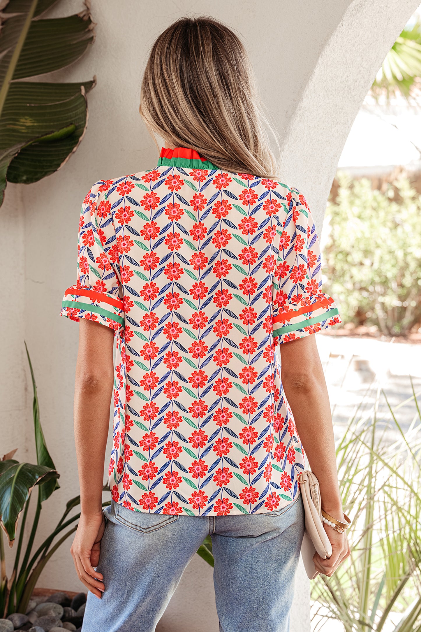 Red Floral Print Striped Detail V Neck Ruffled Short Sleeve Blouse