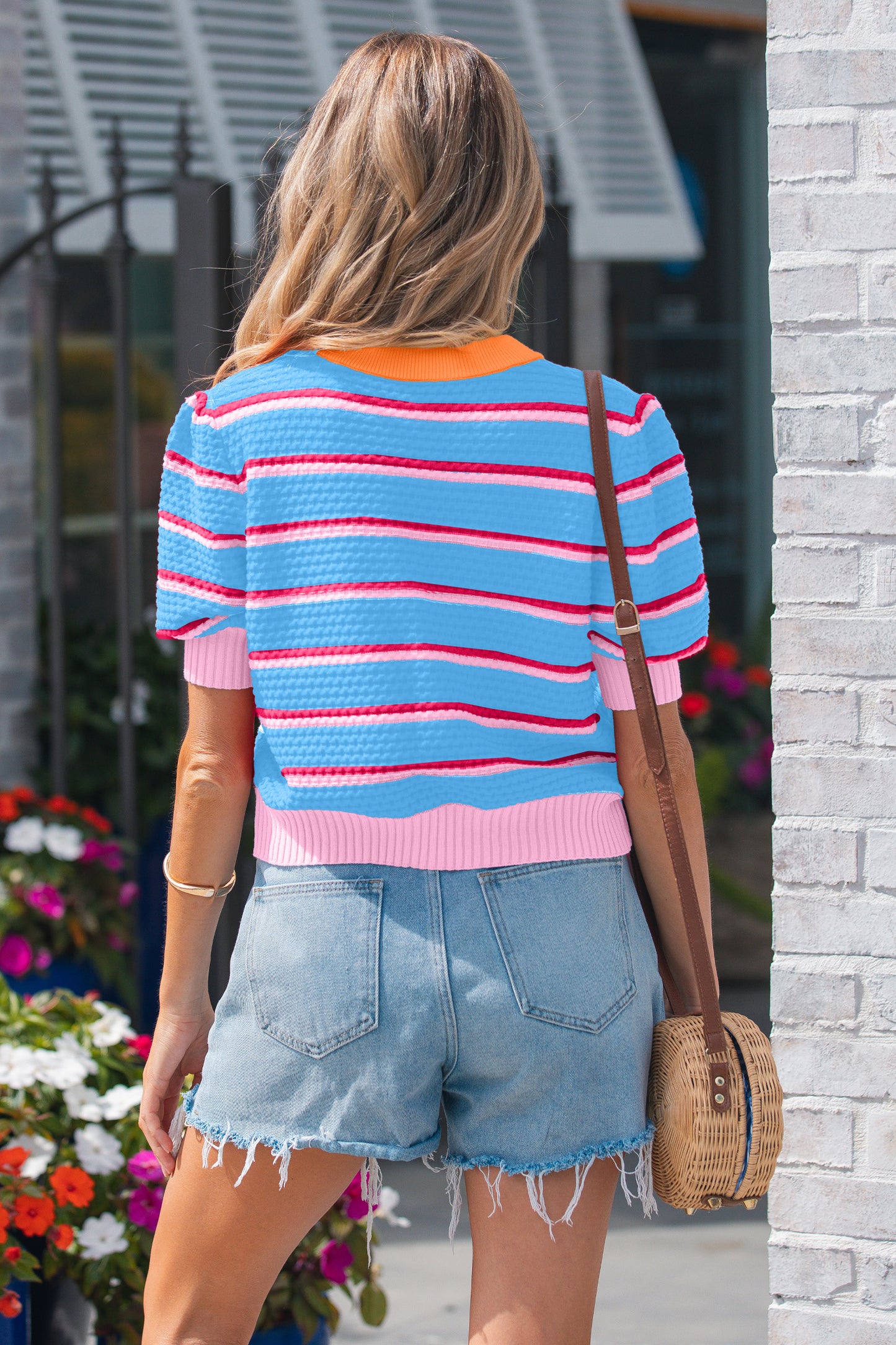 Green Stripe Colorblock Trim Half Sleeve Sweater Top