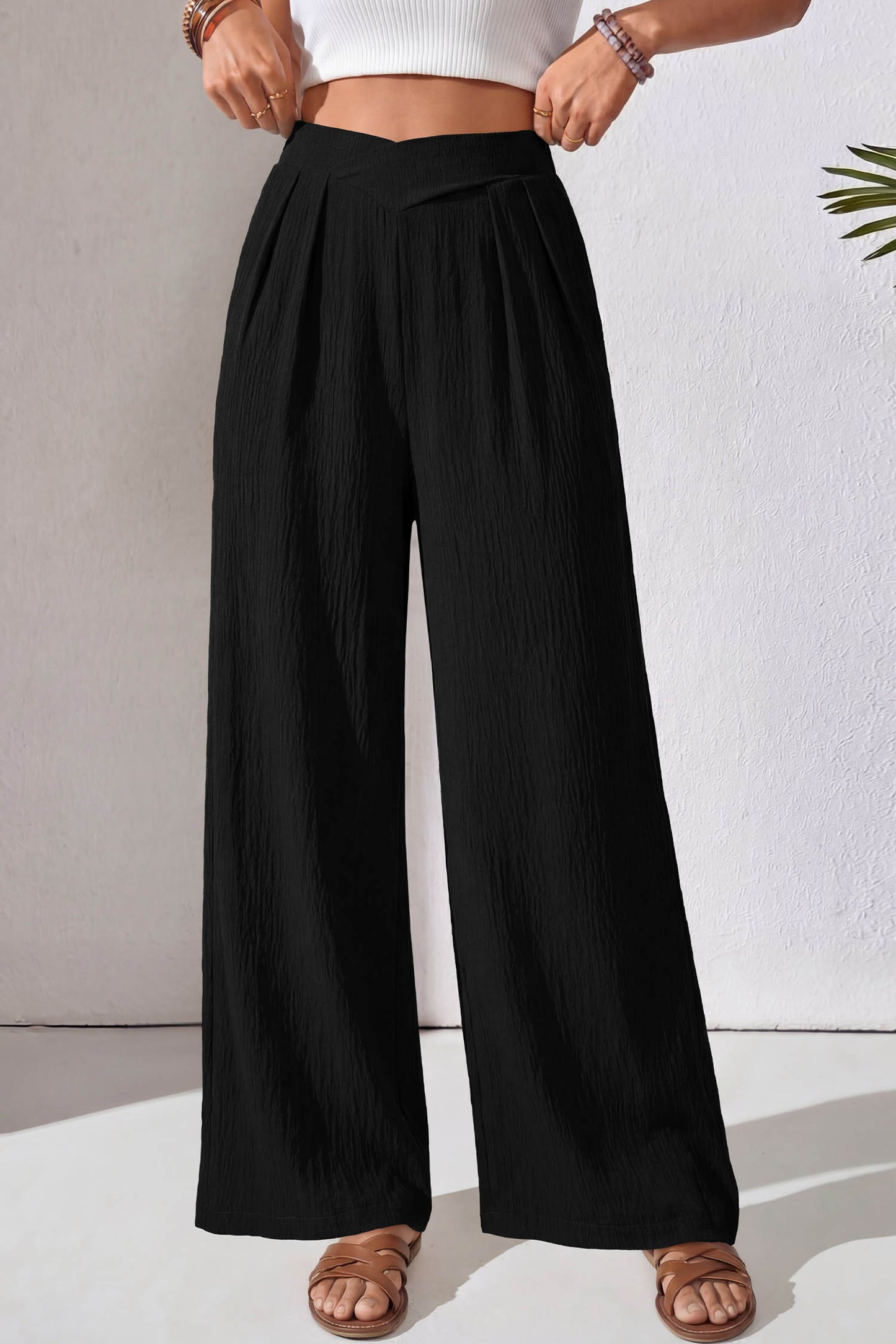 Evergreen Solid Color Textured Crossed Waist Loose Pants