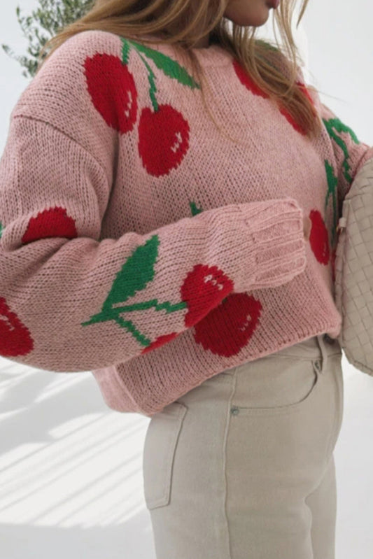 Pink Dainty Cherry Print Loose Cropped Sweater