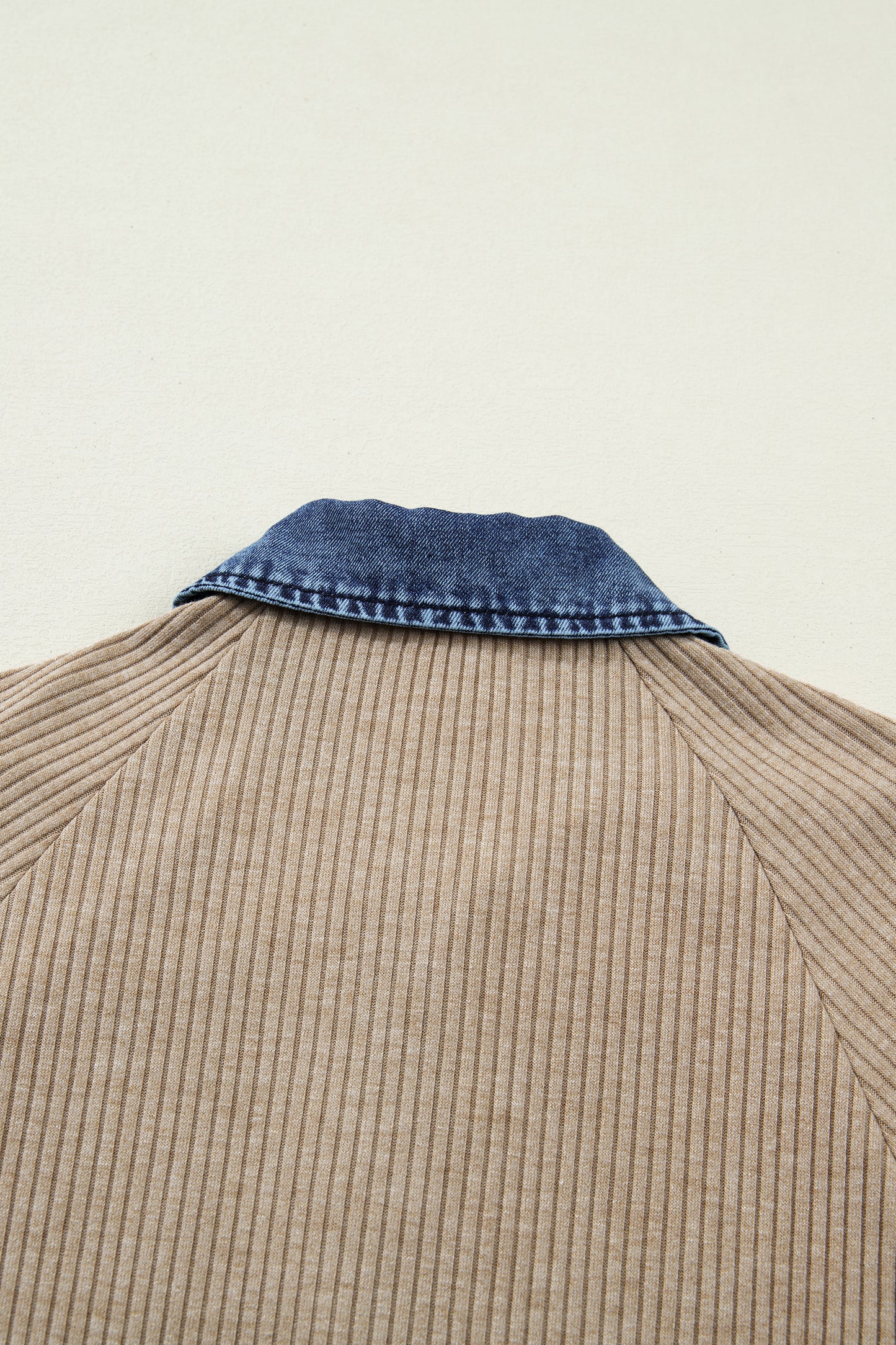 Beige Ribbed Knit Denim Patchwork Button Polo Collar Cuffed Long Sleeve Top