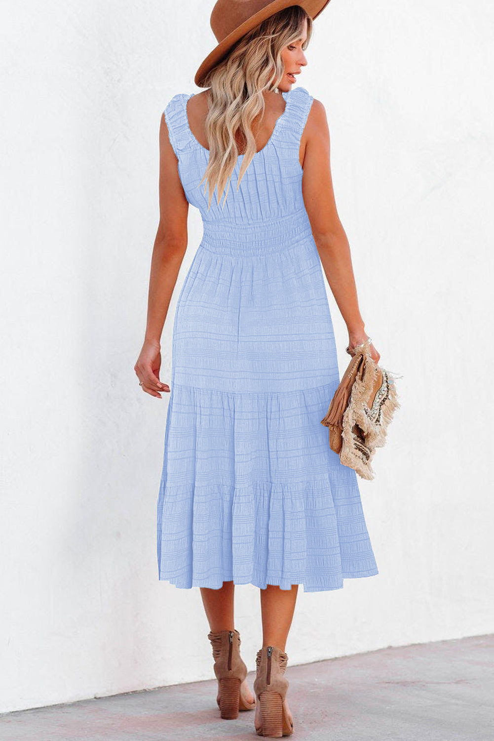 Pink Shirred Pleated Square Neck Sleeveless Midi Dress