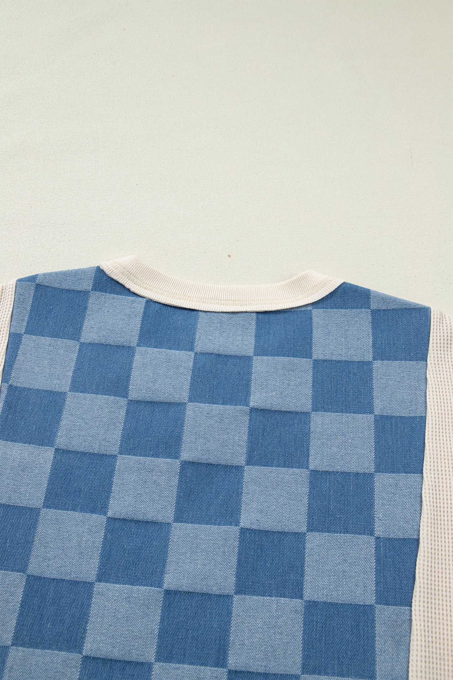 Dusk Blue Checkered Denim Patchwork Short Sleeve Loose Top