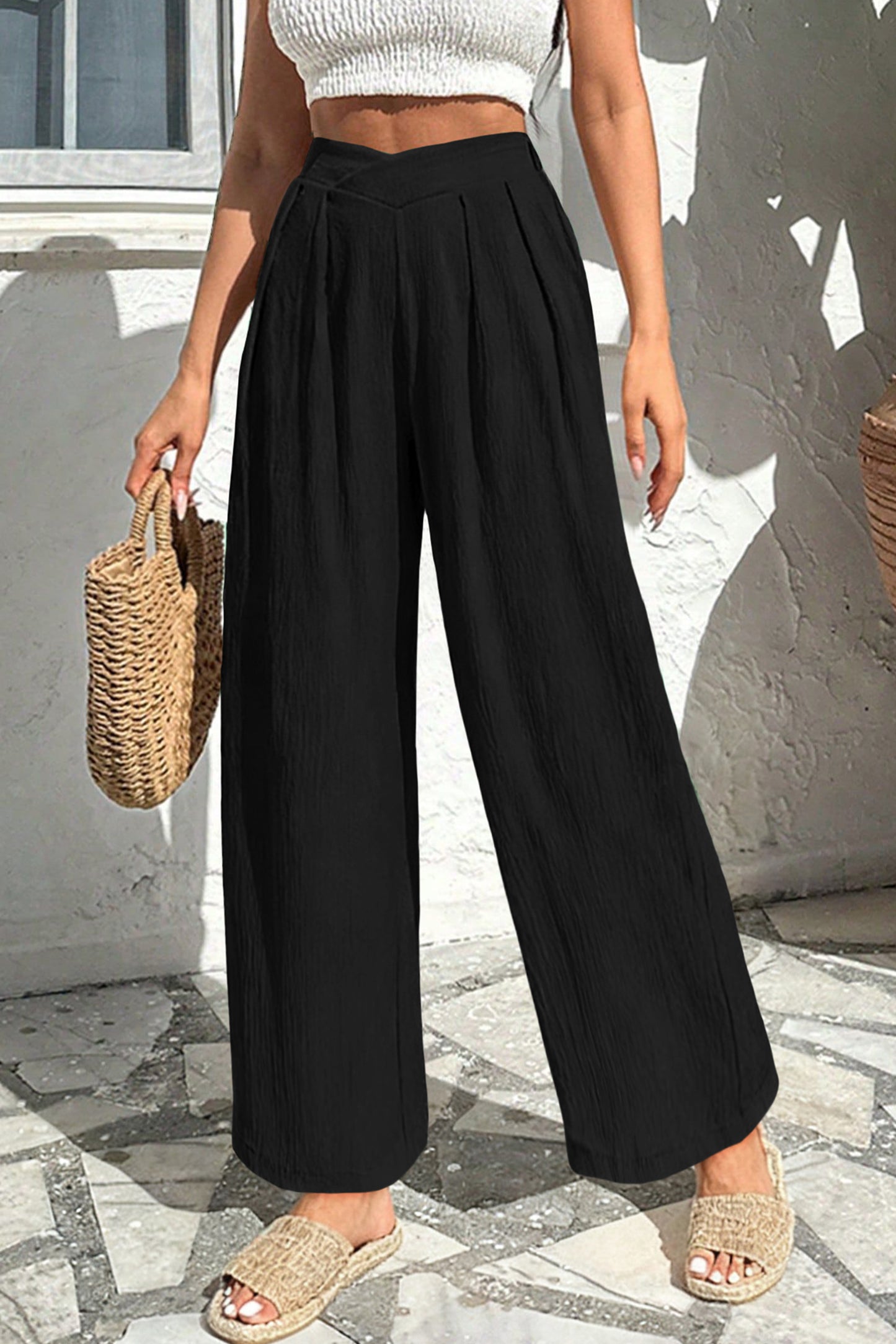 Evergreen Solid Color Textured Crossed Waist Loose Pants