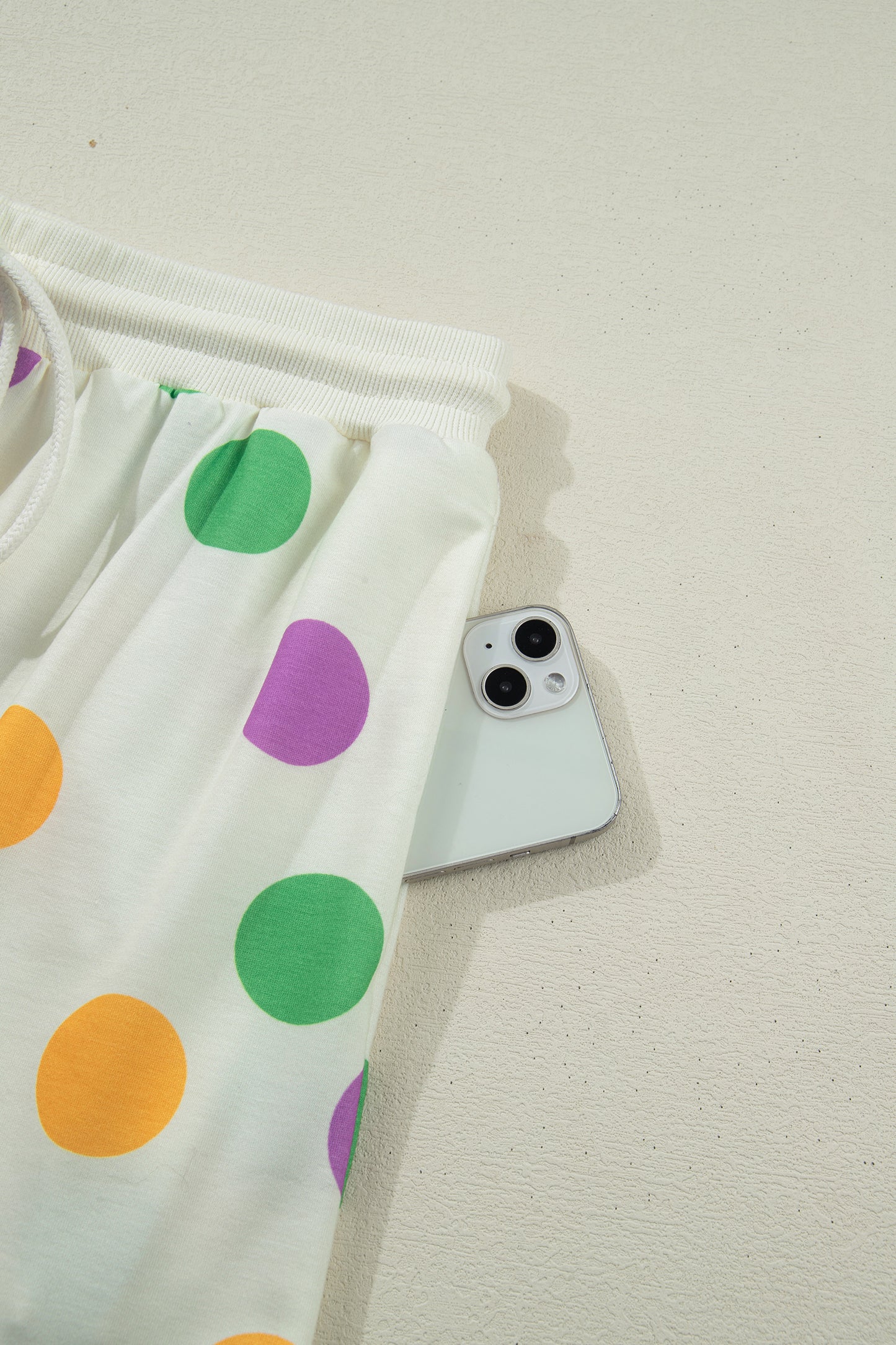 Multicolour Polka Dot Print Drop Shoulder Pullover Drawstring Shorts Set