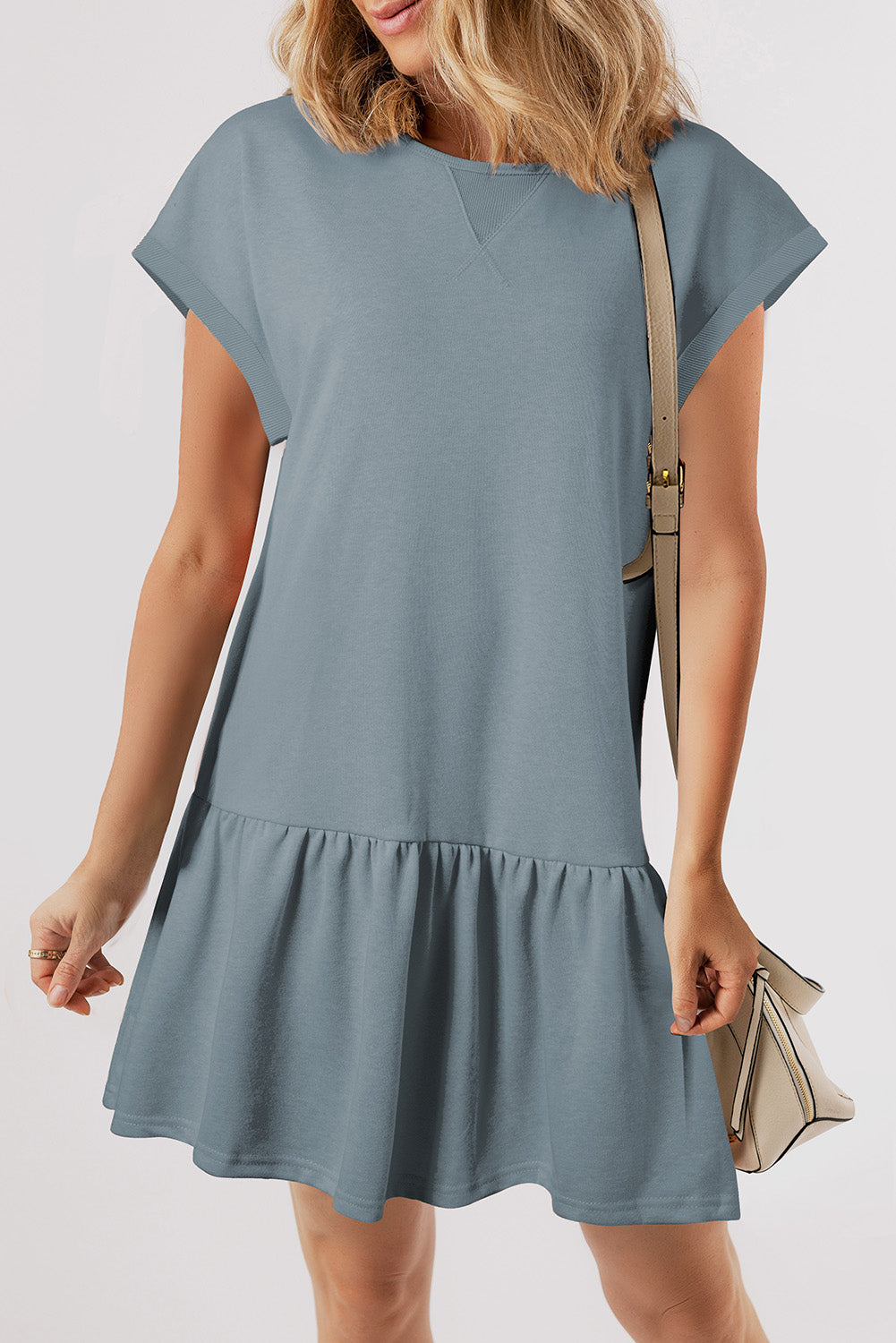 Apricot Pink Solid Color Cap Sleeve Drop Waist T Shirt Dress