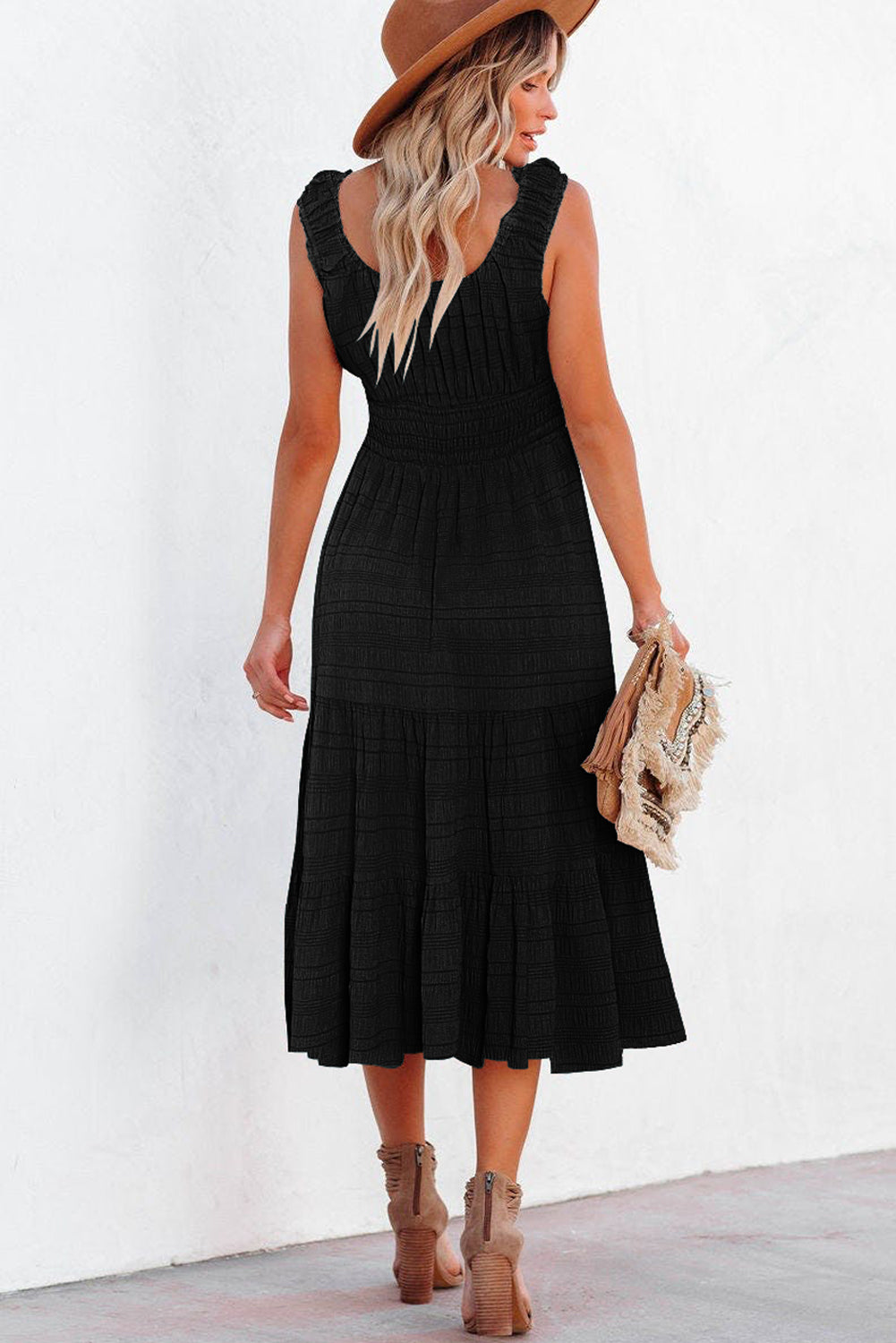 Pink Shirred Pleated Square Neck Sleeveless Midi Dress
