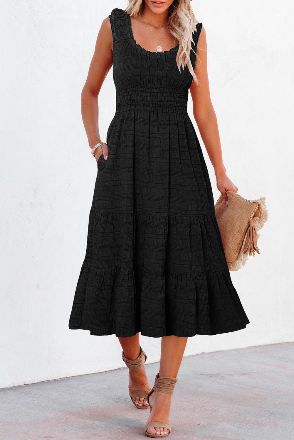 Pink Shirred Pleated Square Neck Sleeveless Midi Dress