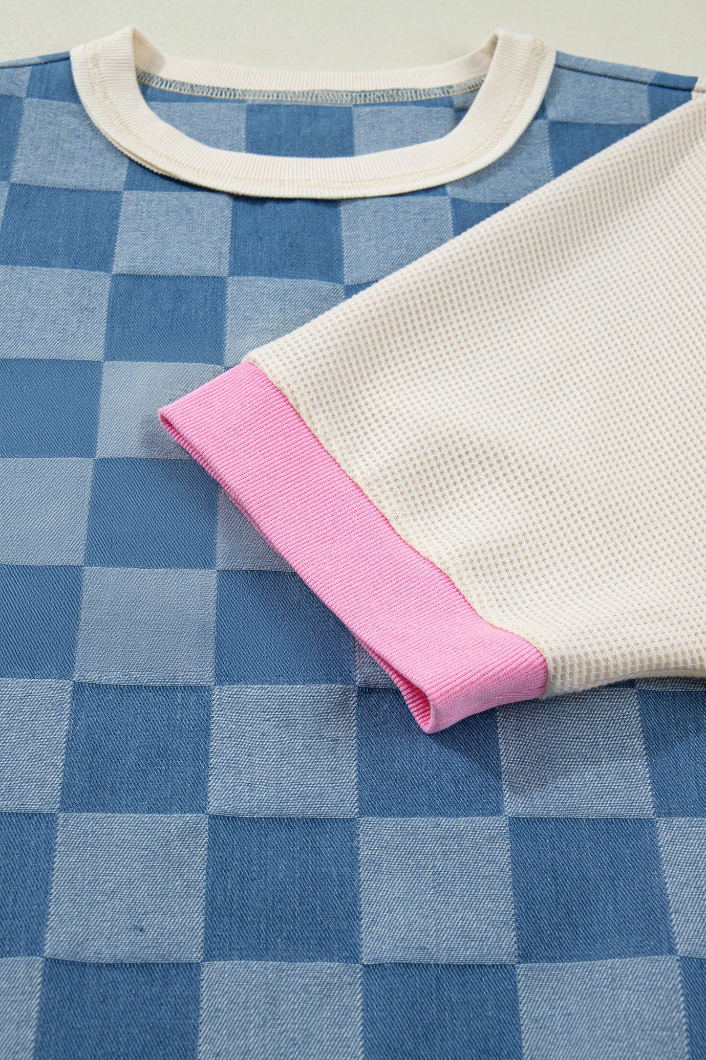 Dusk Blue Checkered Denim Patchwork Short Sleeve Loose Top