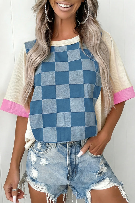 Dusk Blue Checkered Denim Patchwork Short Sleeve Loose Top