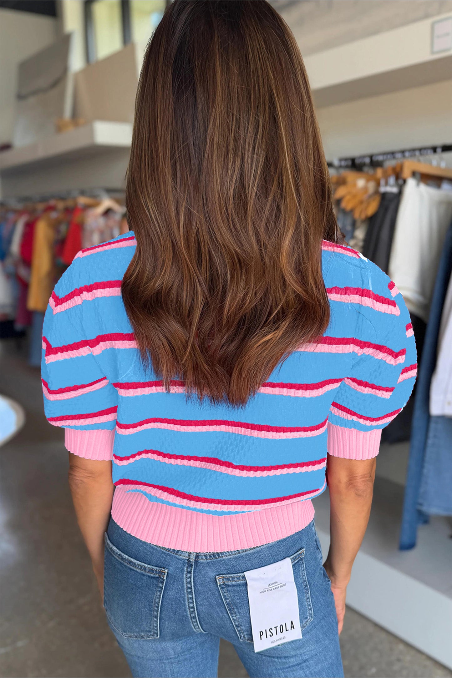Green Stripe Colorblock Trim Half Sleeve Sweater Top