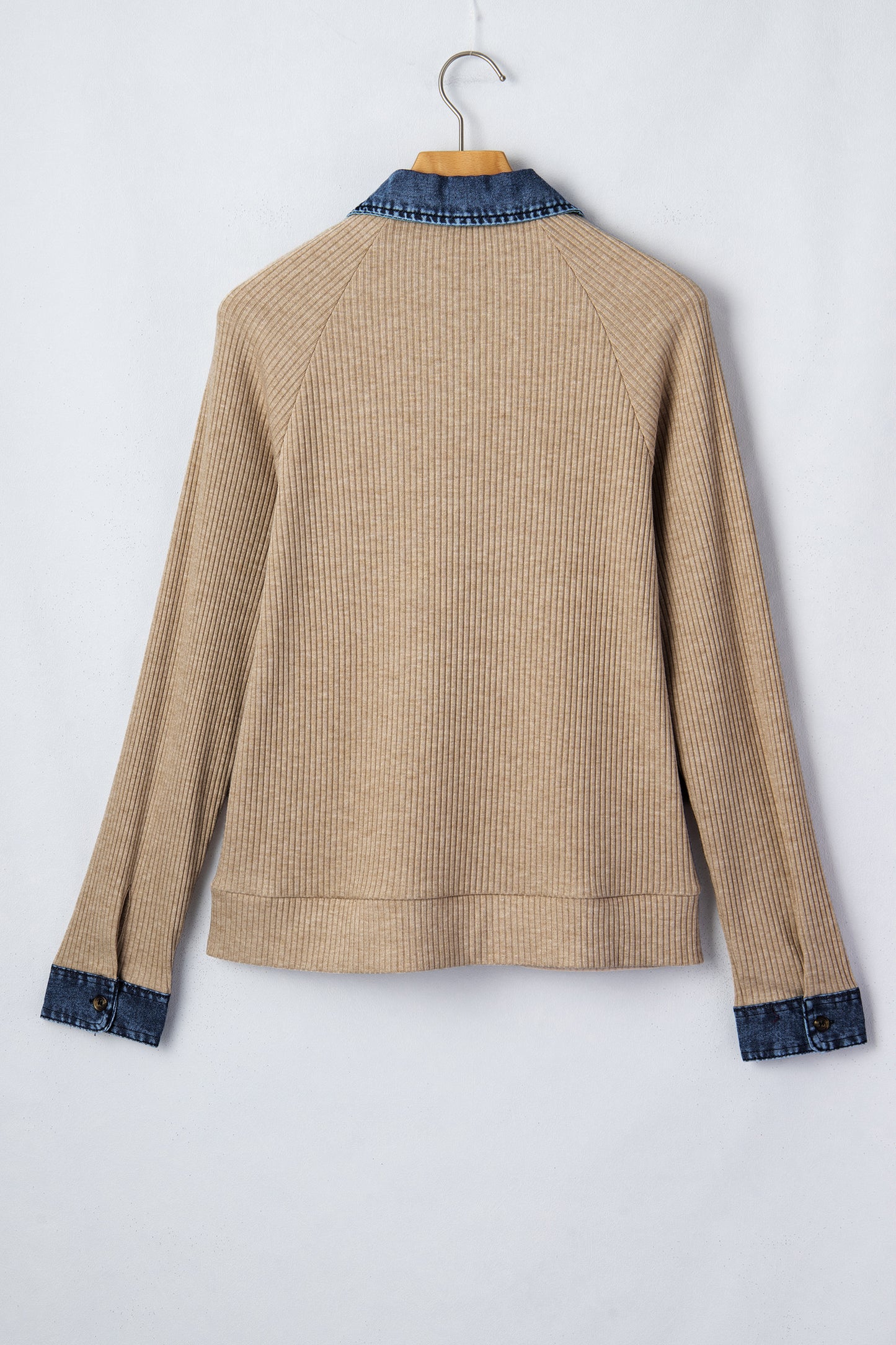 Beige Ribbed Knit Denim Patchwork Button Polo Collar Cuffed Long Sleeve Top