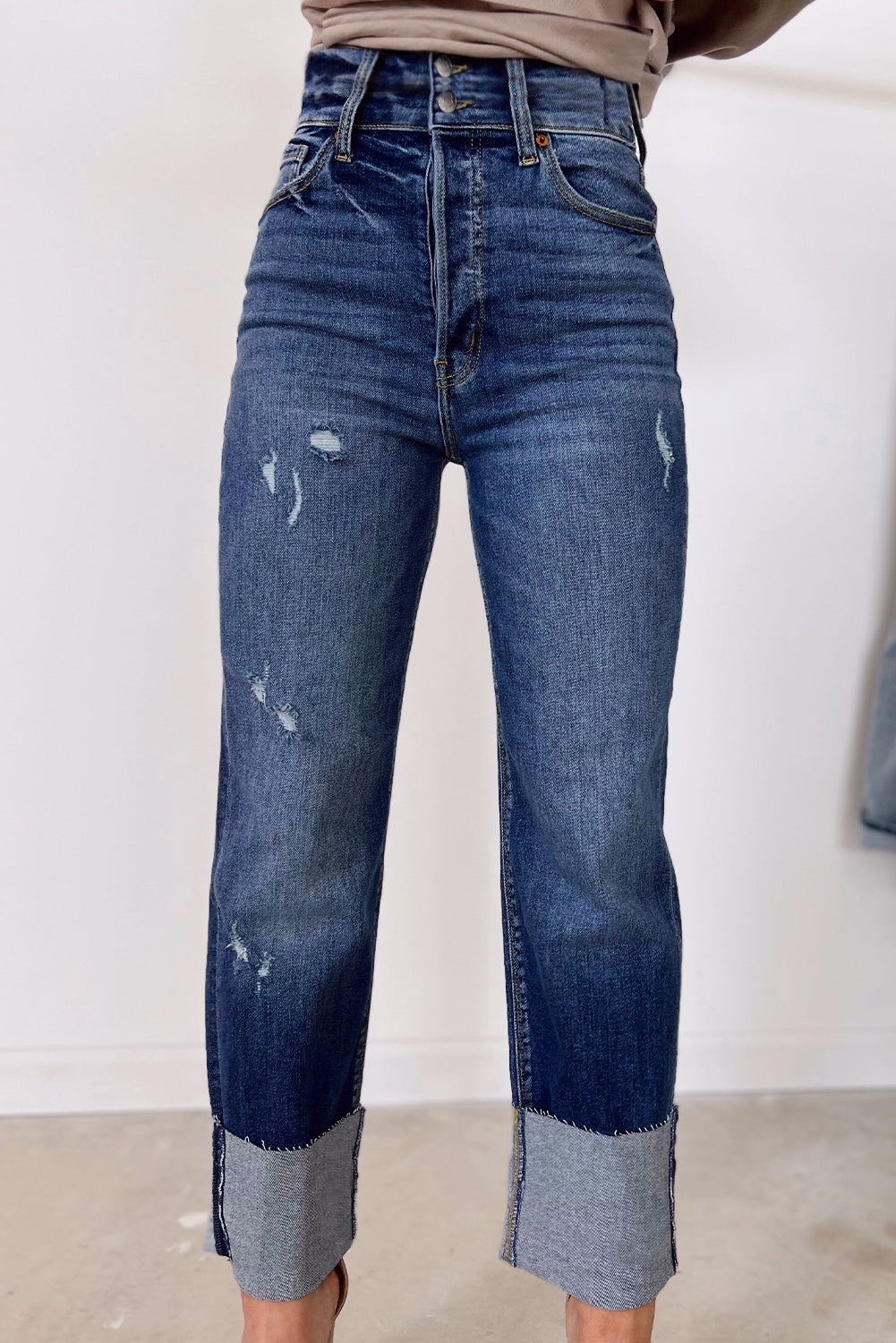 High Waist Distressed Straight Leg Jeans