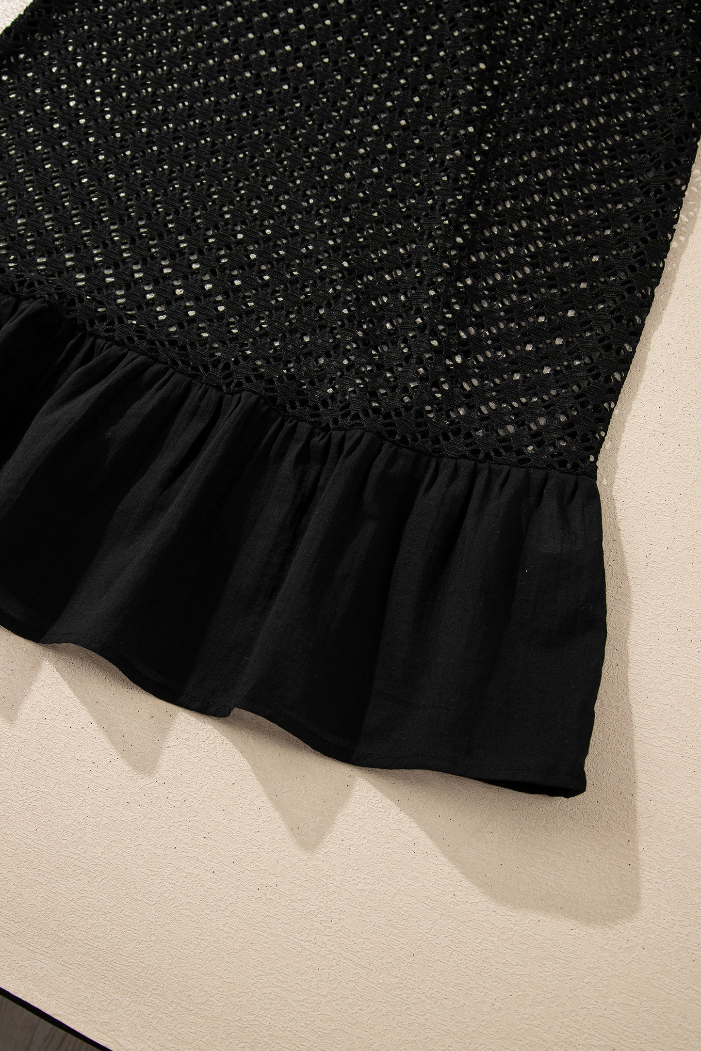 Black See Through Patterned Knit Ruffle Hem Patchwork Beach Cover Up