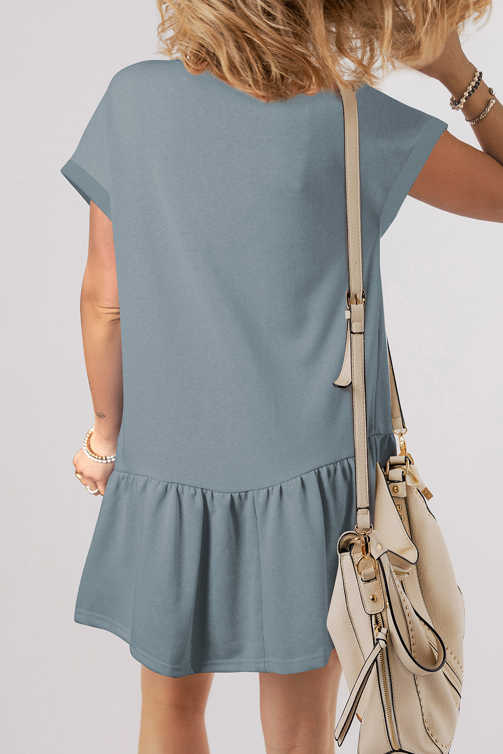 Apricot Pink Solid Color Cap Sleeve Drop Waist T Shirt Dress