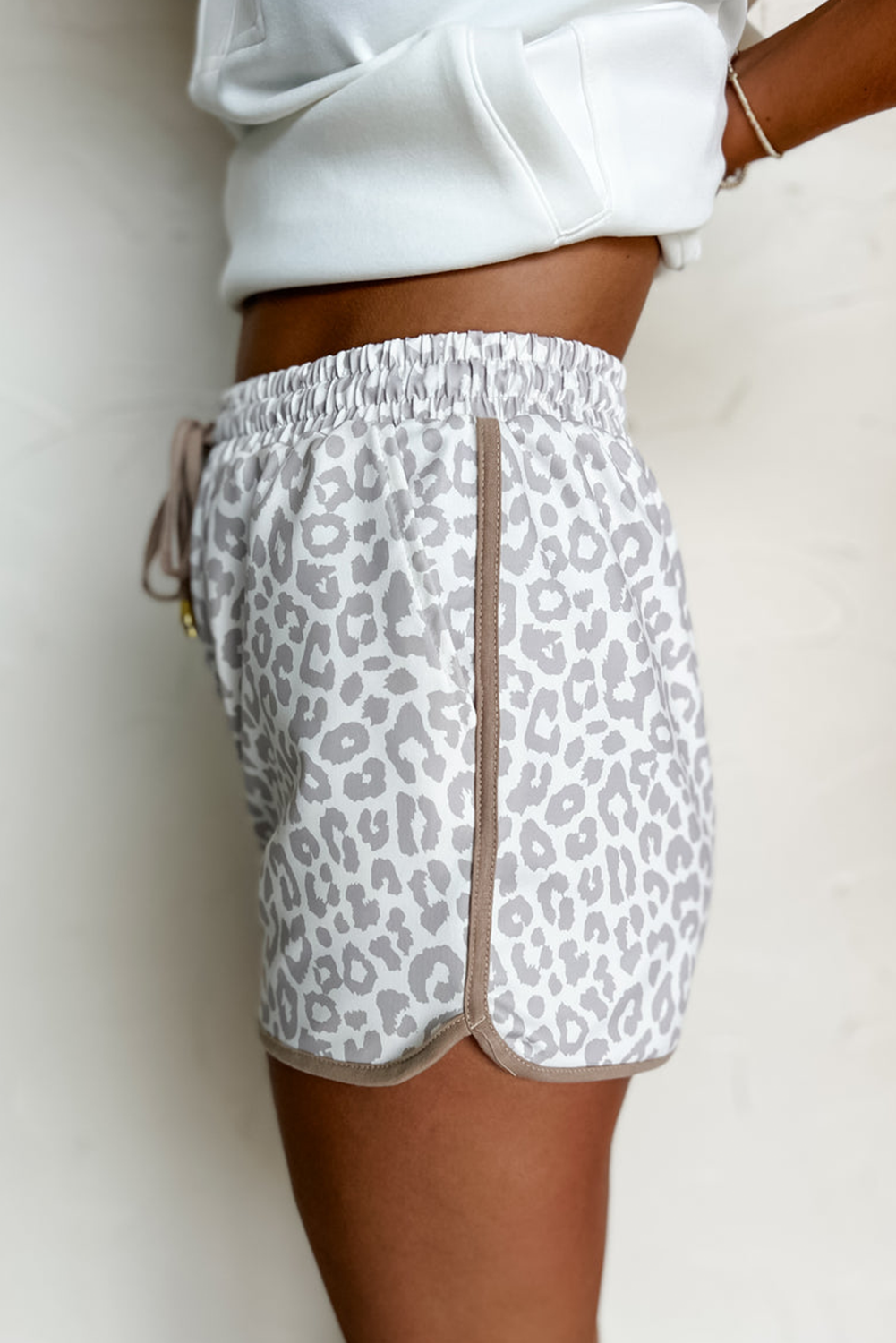 Blue Leopard Elastic Waistband Lace up Contrast Trim Casual Shorts