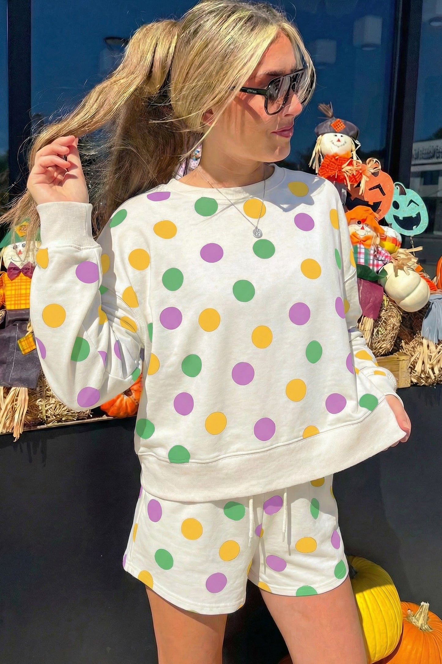 Multicolour Polka Dot Print Drop Shoulder Pullover Drawstring Shorts Set