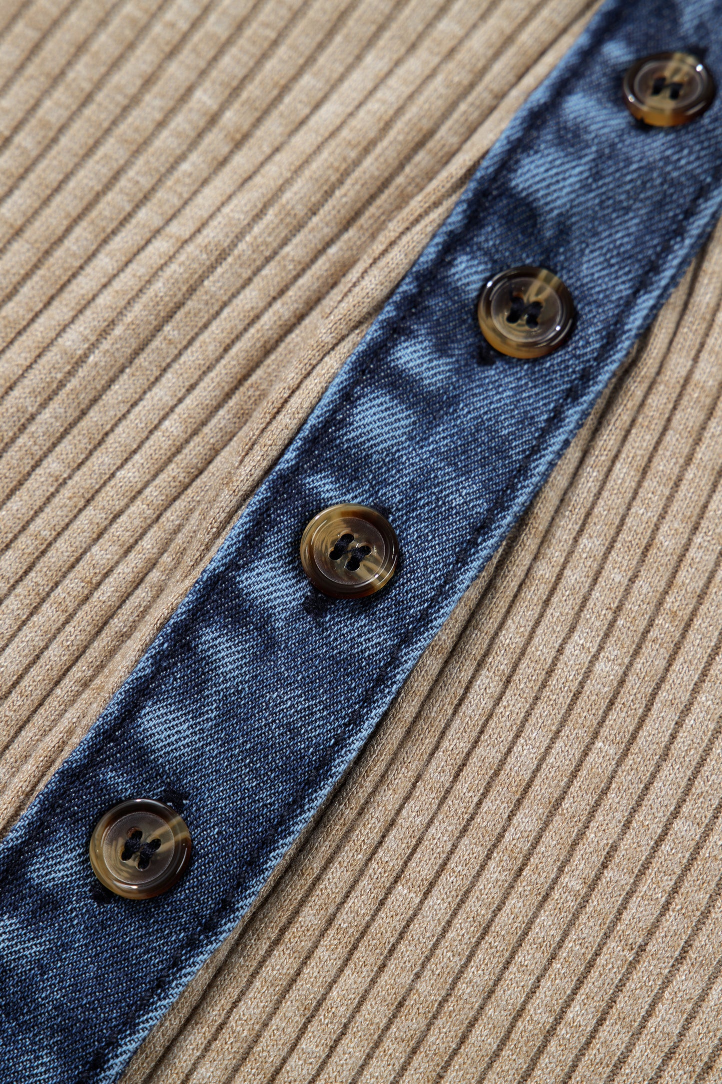 Beige Ribbed Knit Denim Patchwork Button Polo Collar Cuffed Long Sleeve Top