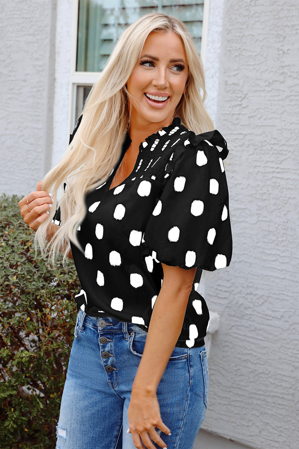 Rose Polka Dot Print Shirred Yoke Notched Neck Balloon Sleeve Blouse