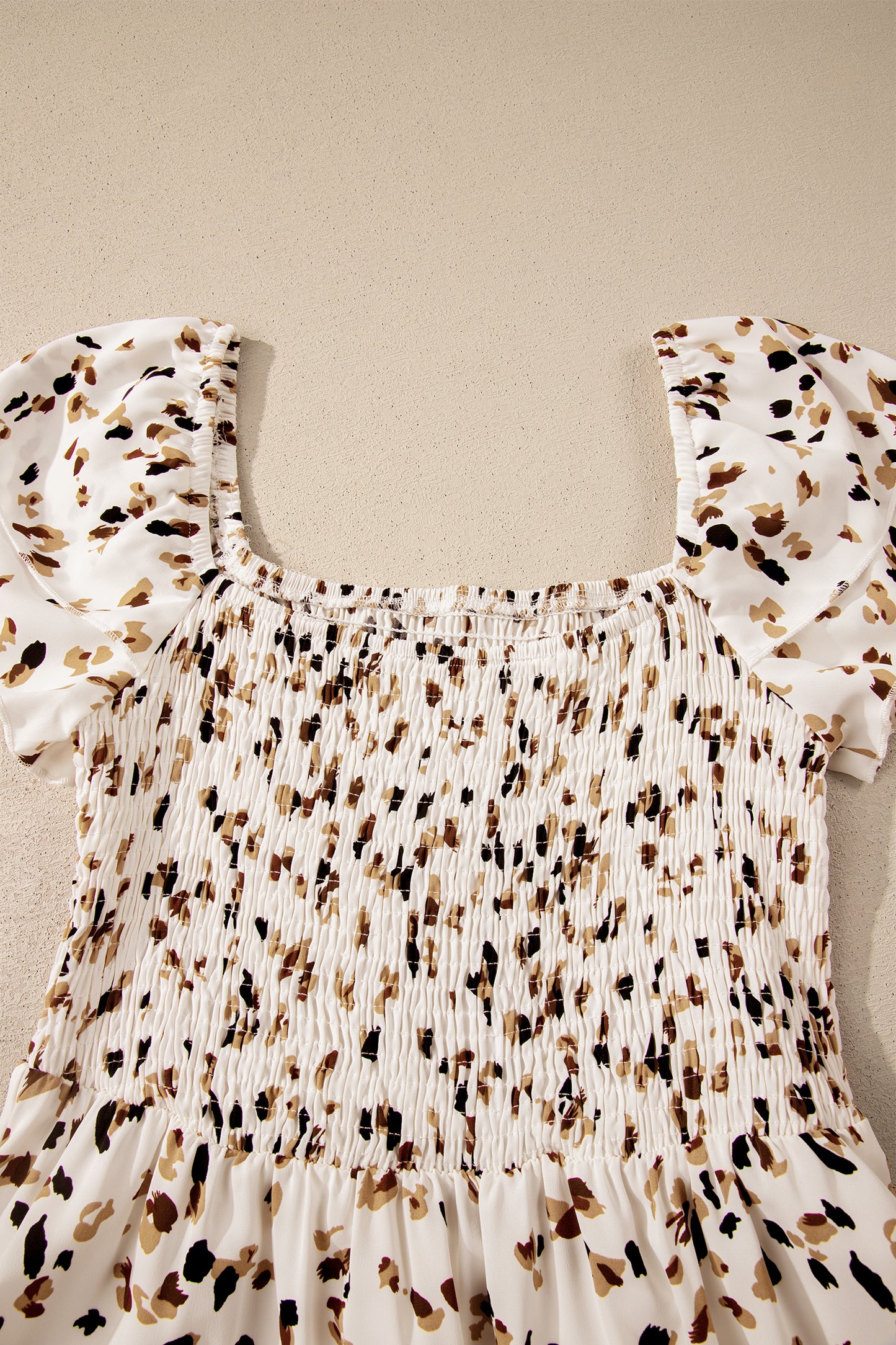 Beige Ditsy Floral Print Smocked Square Neck Ruffle Short Sleeve Dress
