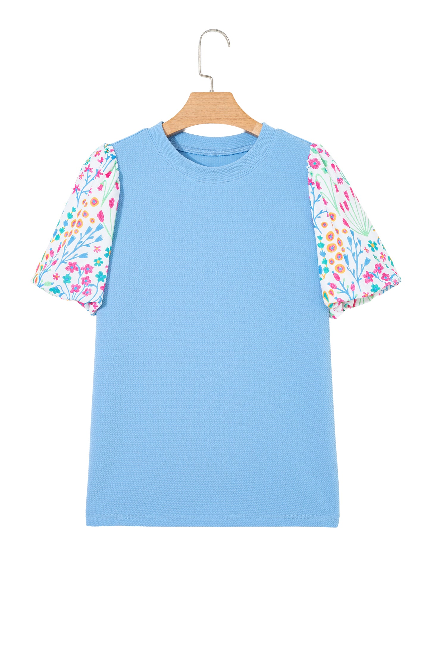 Pink Round Neck Textured Contrast Floral Bubble Sleeve Blouse