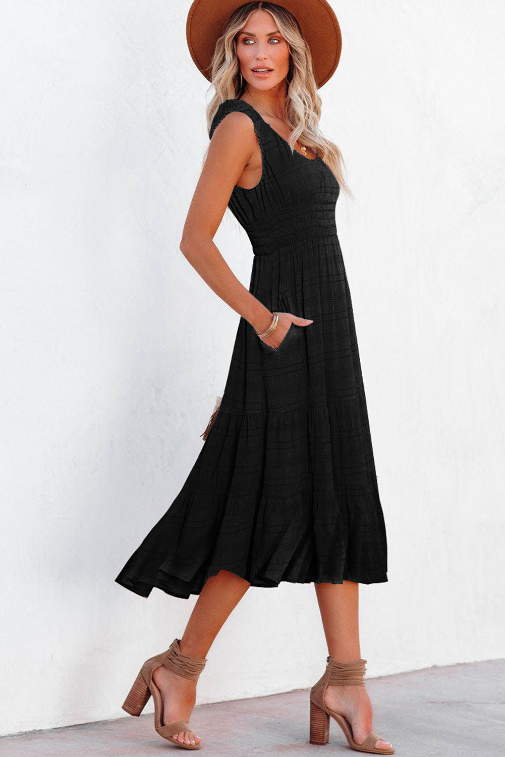 Pink Shirred Pleated Square Neck Sleeveless Midi Dress