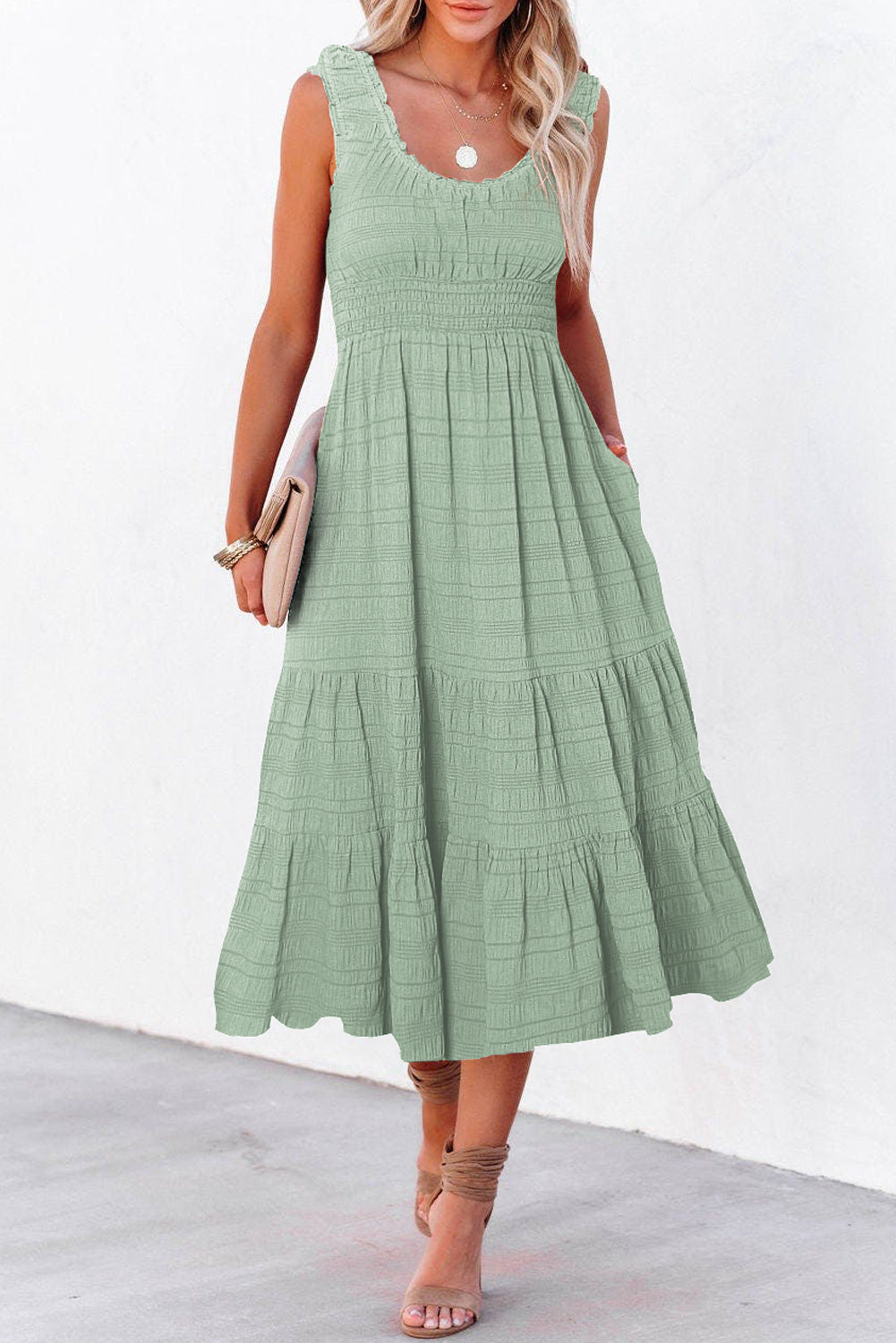 Pink Shirred Pleated Square Neck Sleeveless Midi Dress