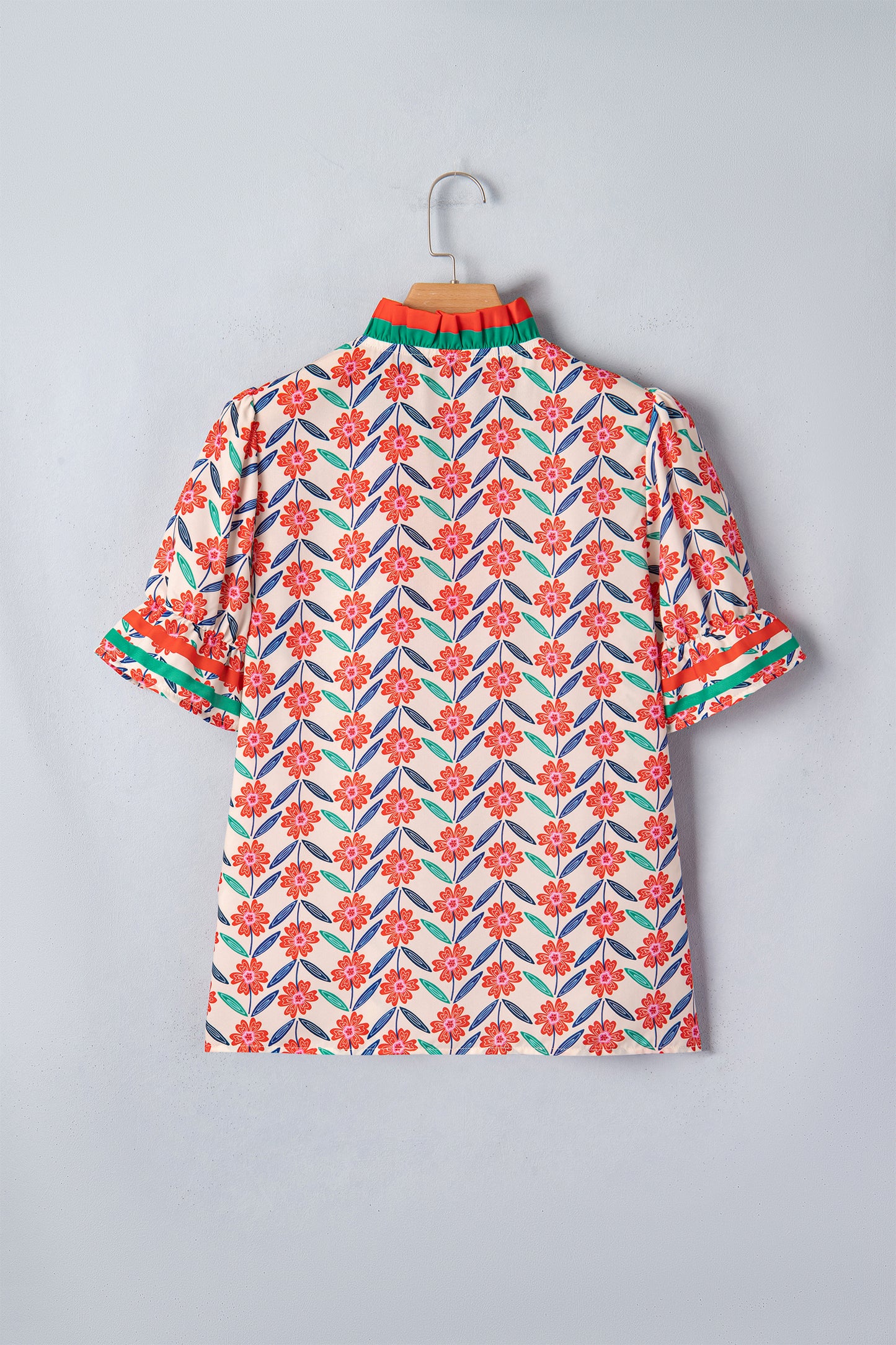 Red Floral Print Striped Detail V Neck Ruffled Short Sleeve Blouse