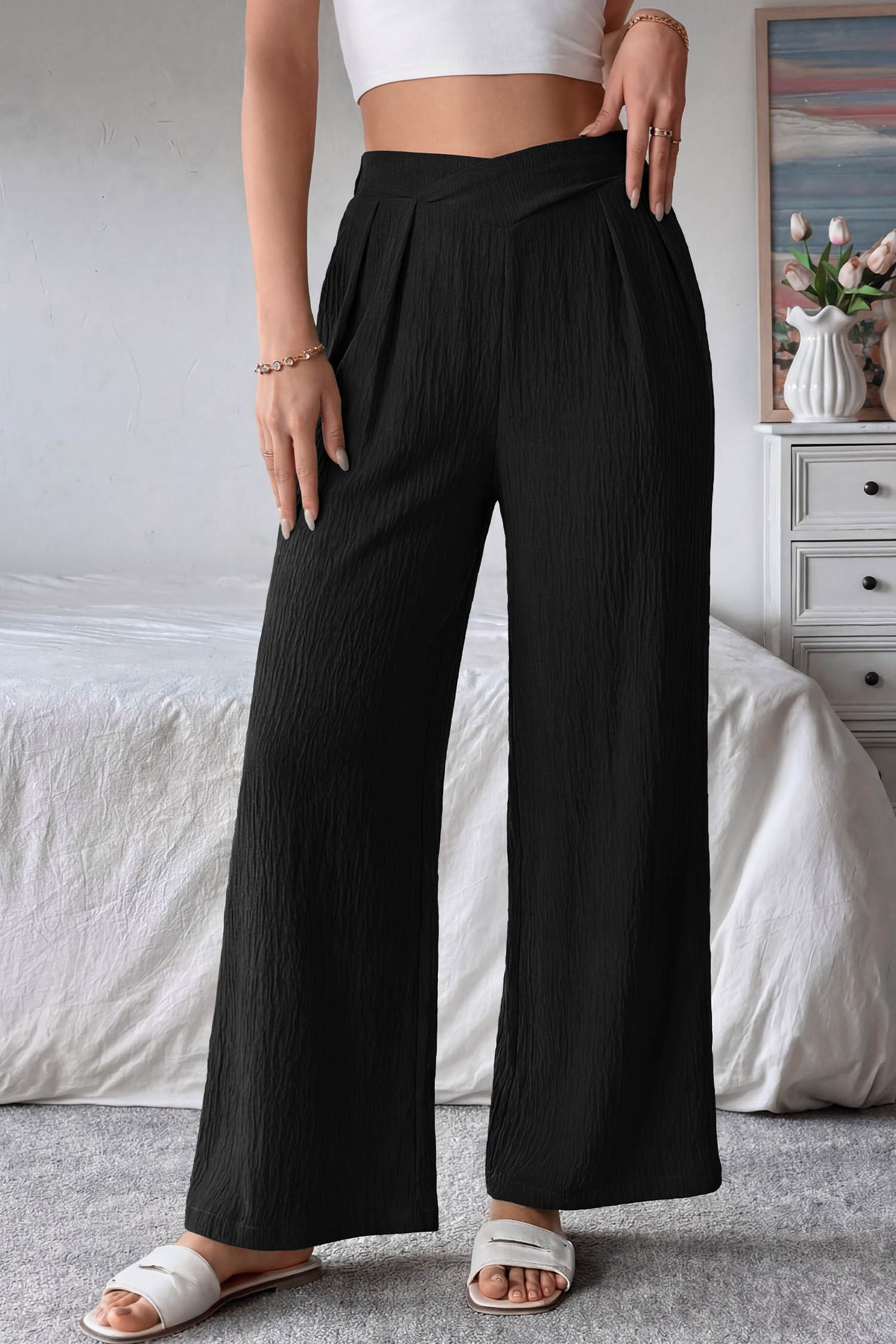 Evergreen Solid Color Textured Crossed Waist Loose Pants