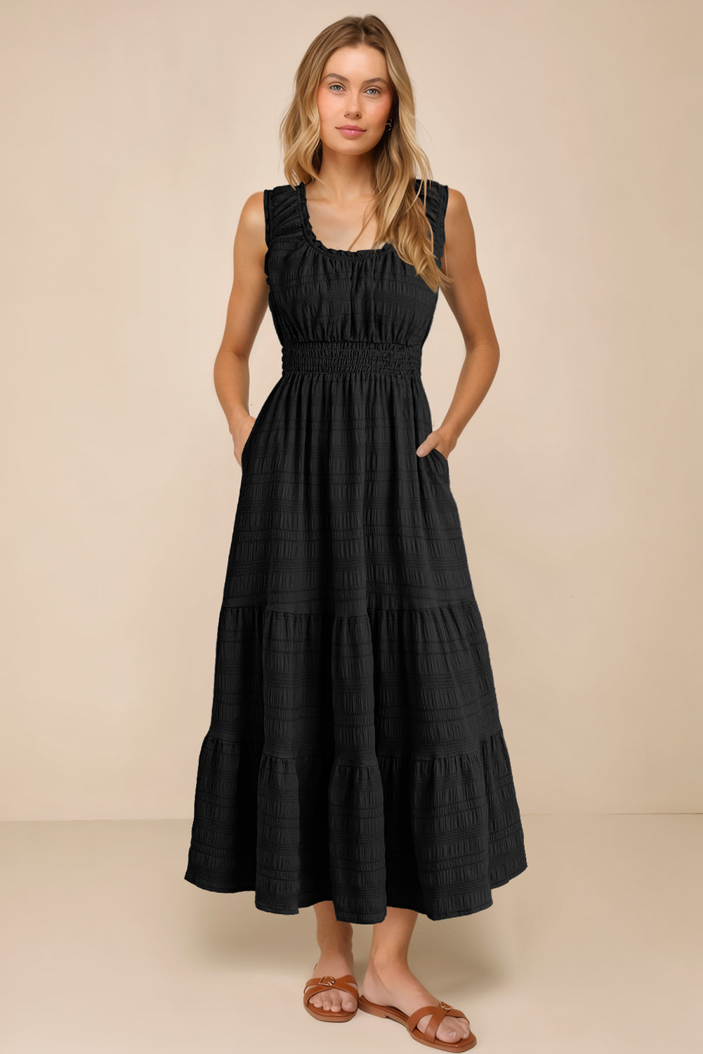 Pink Shirred Pleated Square Neck Sleeveless Midi Dress