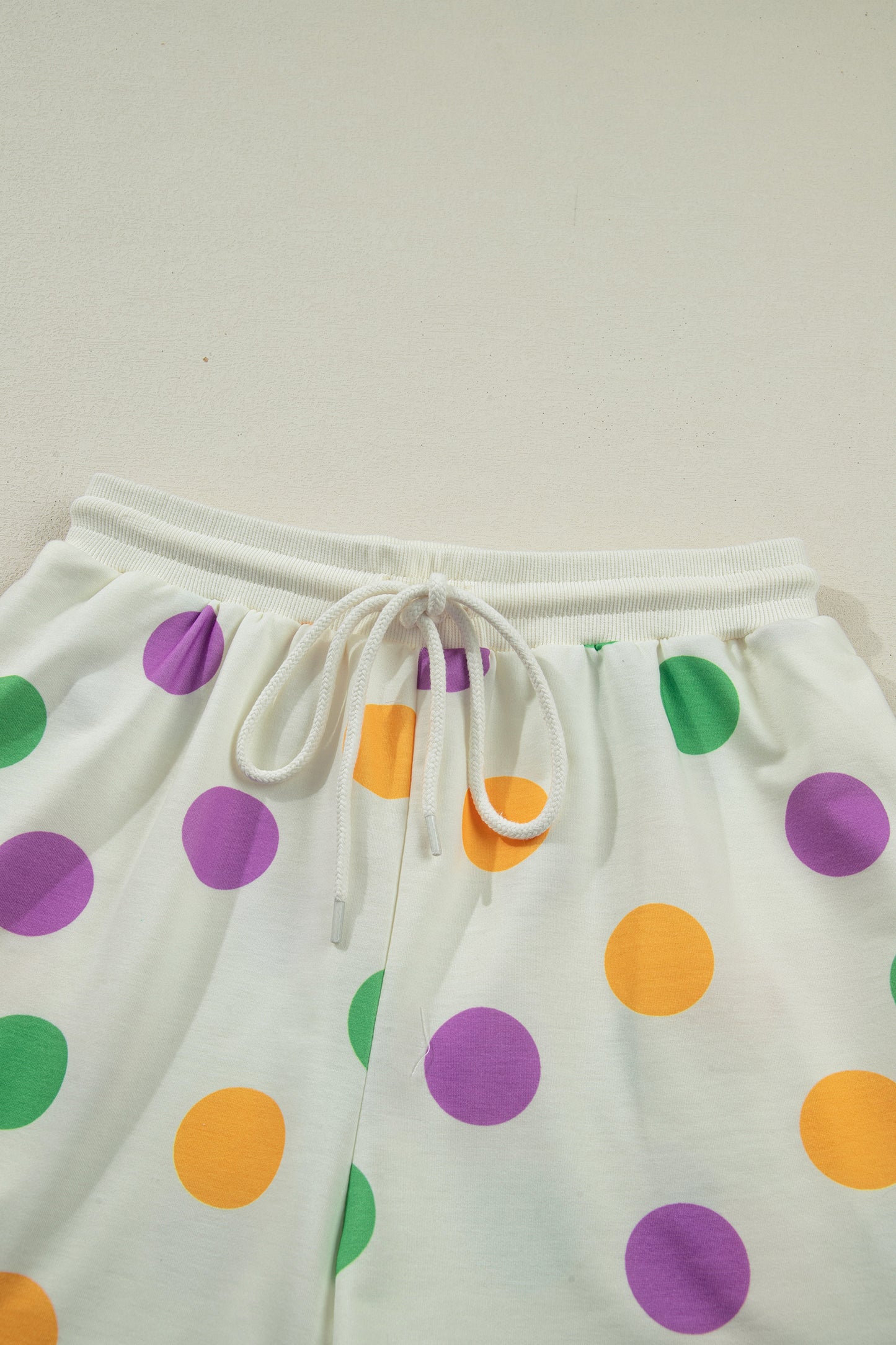 Multicolour Polka Dot Print Drop Shoulder Pullover Drawstring Shorts Set